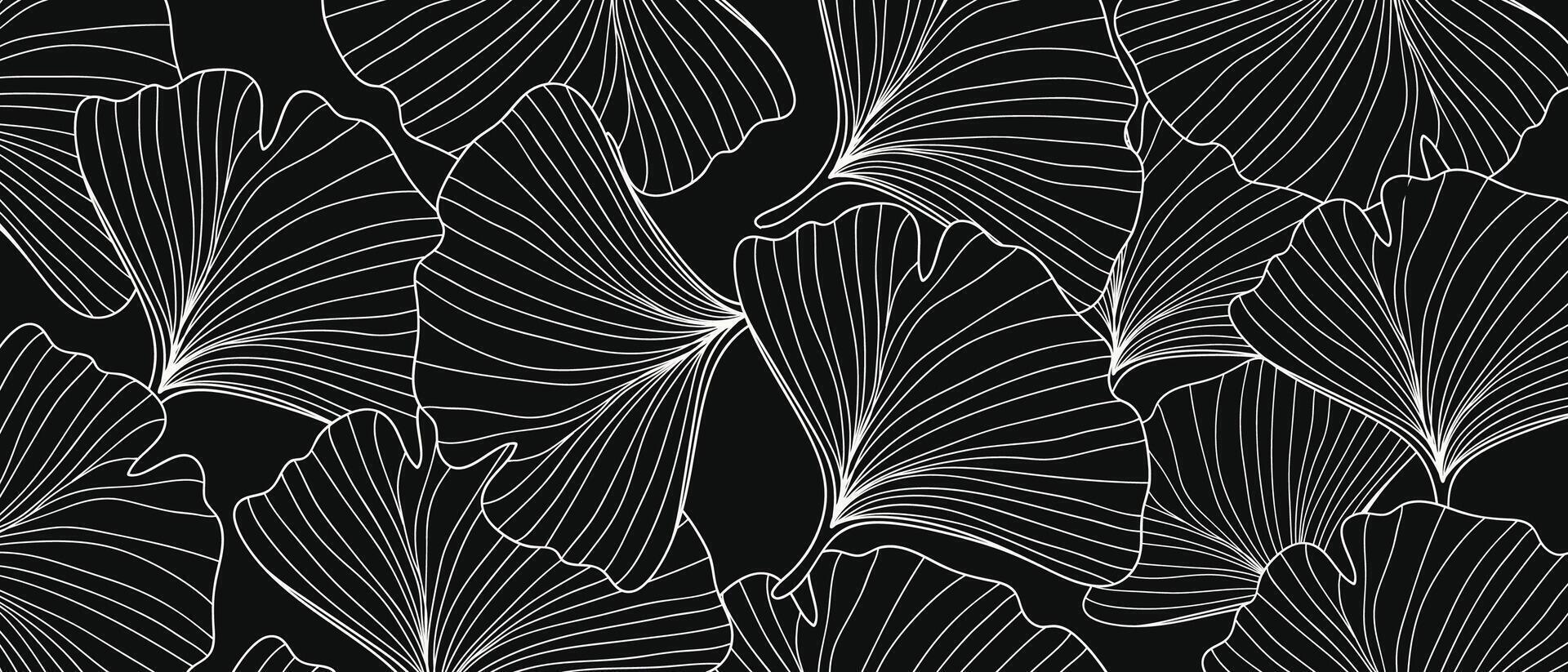 1920x823 Abstract foliage line art background. Leaf wallpaper of tropical leaves, ginkgo leaf, plants in hand drawn pattern on black background. illustration