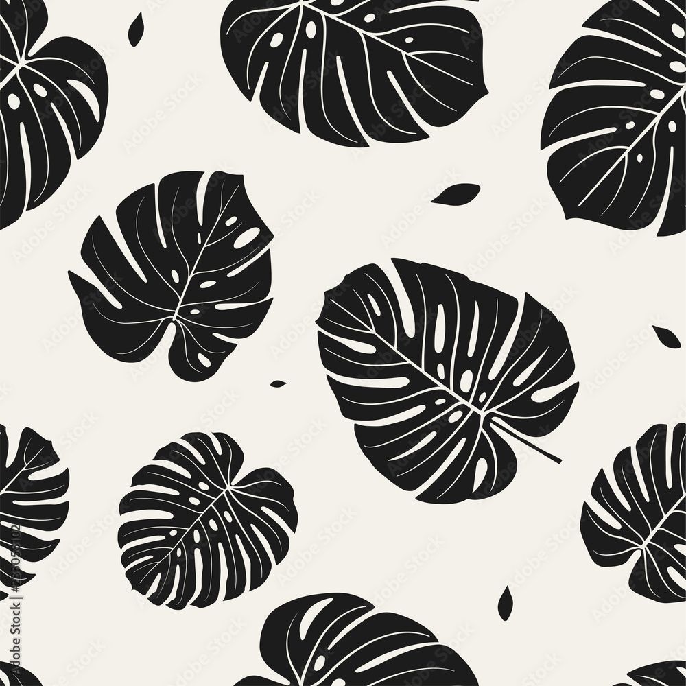 1000x1000 Black and White Seamless Pattern with Monstera Tropical Jungle Plant Big Palm Leaves. Floral Black Background Print for Textile, Wallpaper and Wrapping. Stock Vector