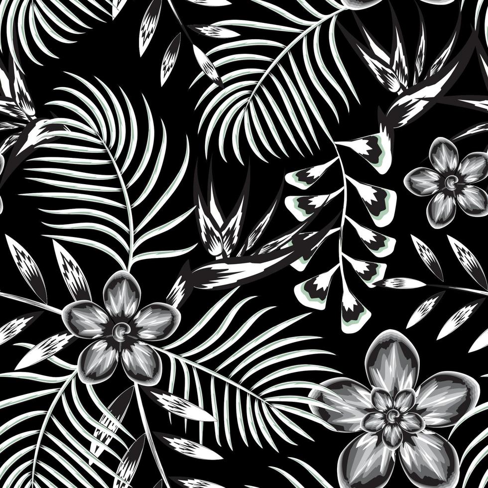 980x980 vintage abstract tropical seamless pattern with black white palm leaves and strelitzia flowers plants foliage on night background. Floral background. Exotic wallpaper. Trendy summer Hawaii print