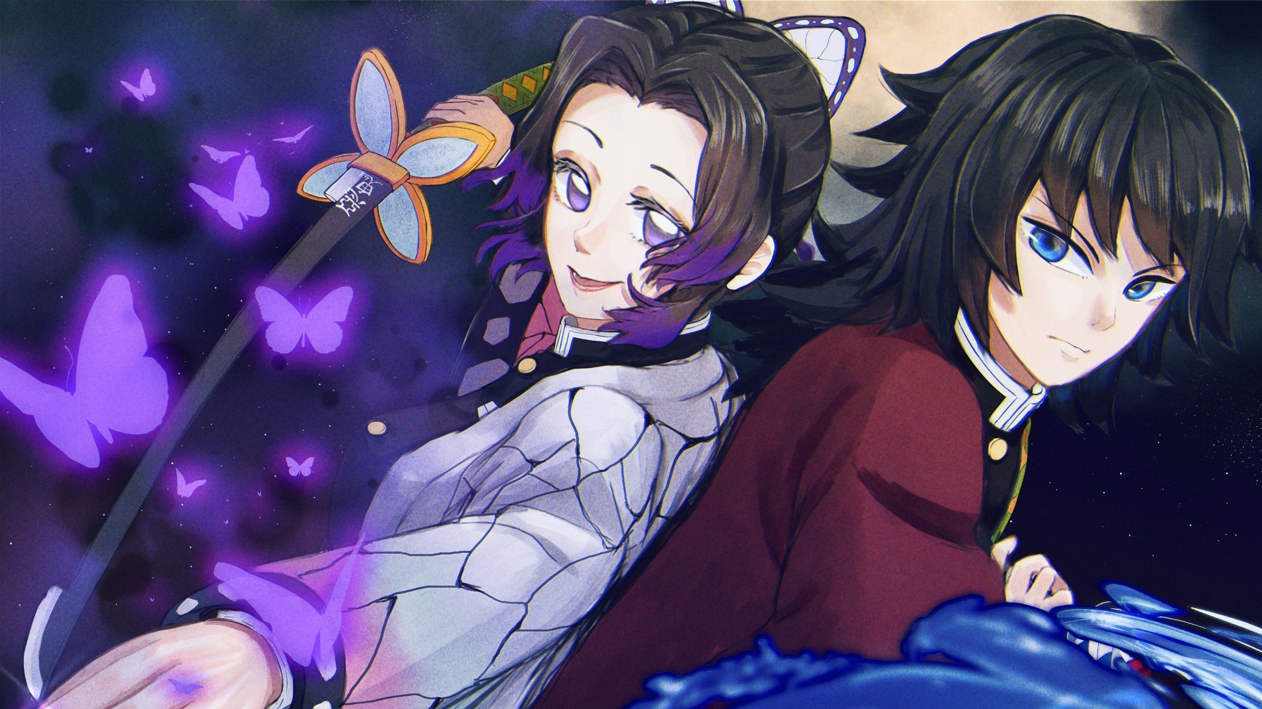 2560x1440 GiyuShino Giyuu Tomioka Shinobu Kochou HD Demon Slayer Kimetsu no Yaiba Wallpaper
