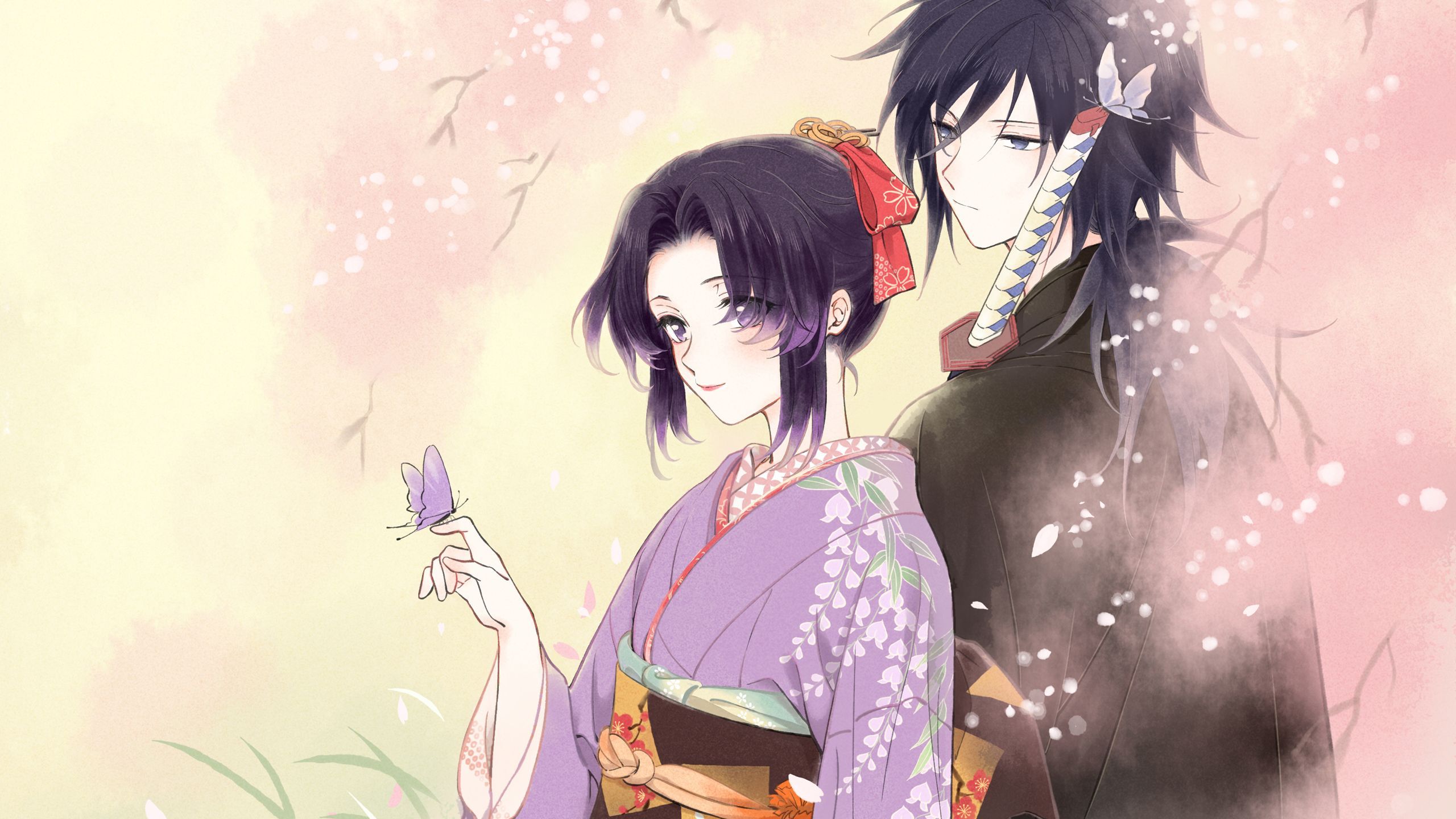 2560x1440 GiyuShino Giyuu Tomioka Shinobu Kochou HD Demon Slayer Kimetsu no Yaiba Wallpaper