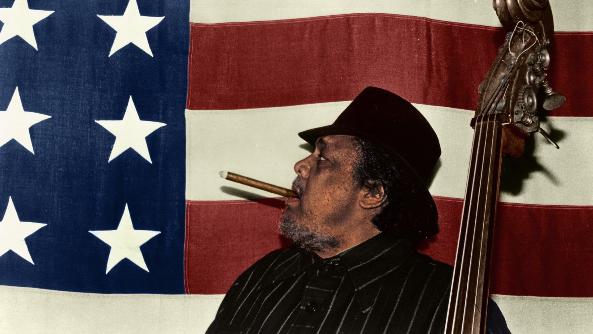 1920x1080 I took an old black & white photo of Charles Mingus in front of the American flag, and decided to colorize it