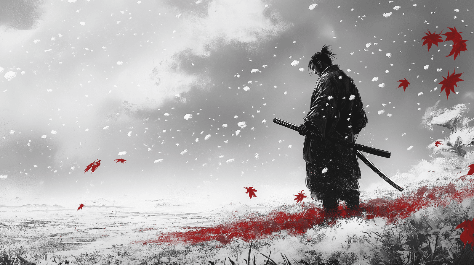 1600x897 Mural Wallpaper samurai. Majestic silhouette in a winter landscape