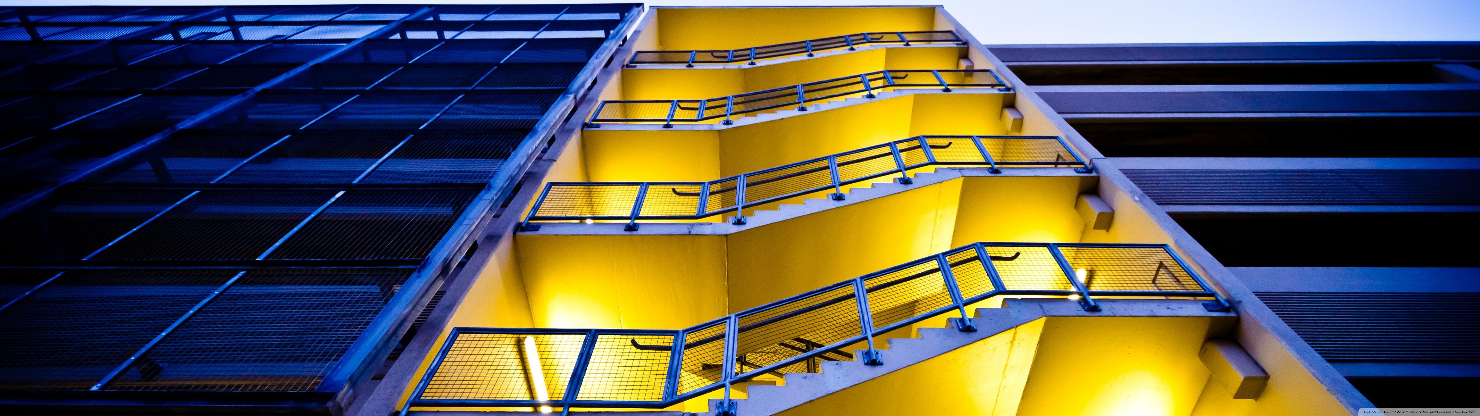 4800x1350 Blue Building, Yellow Stairs Ultra HD Desktop Background Wallpaper