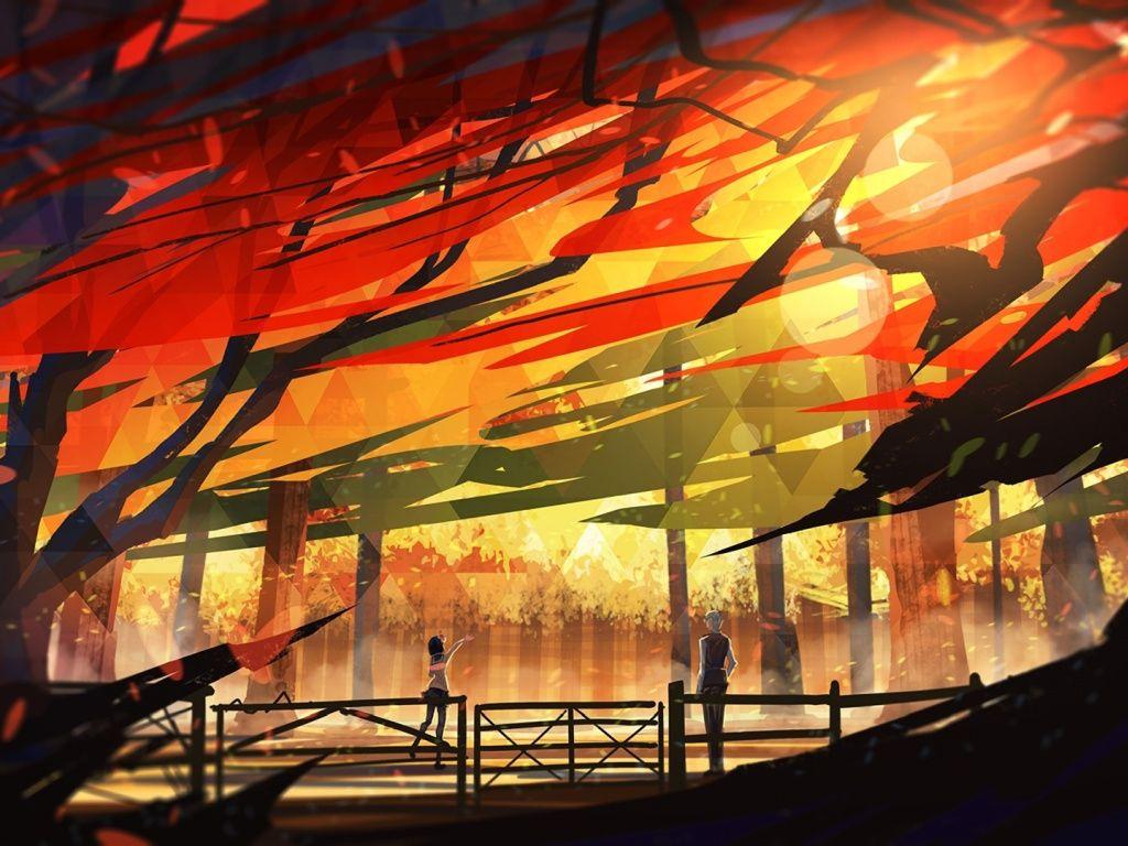 1024x768 Desktop wallpaper anime, outdoor, friends, autumn, art, HD image