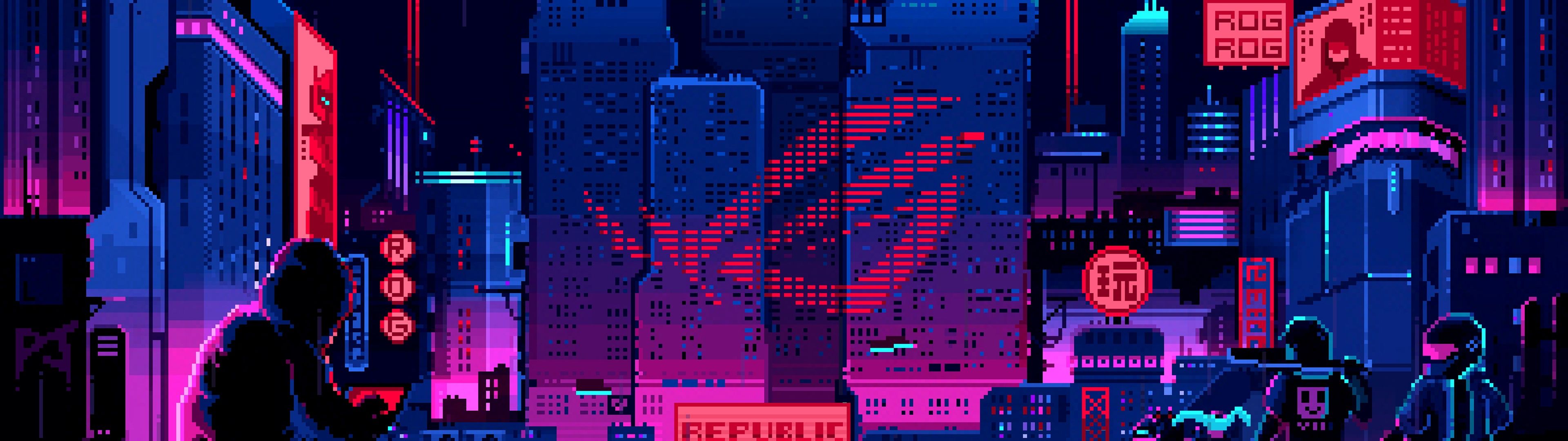 3840x1080 ASUS ROG Wallpaper 4K, Futuristic, Pixel art, Cyberpunk