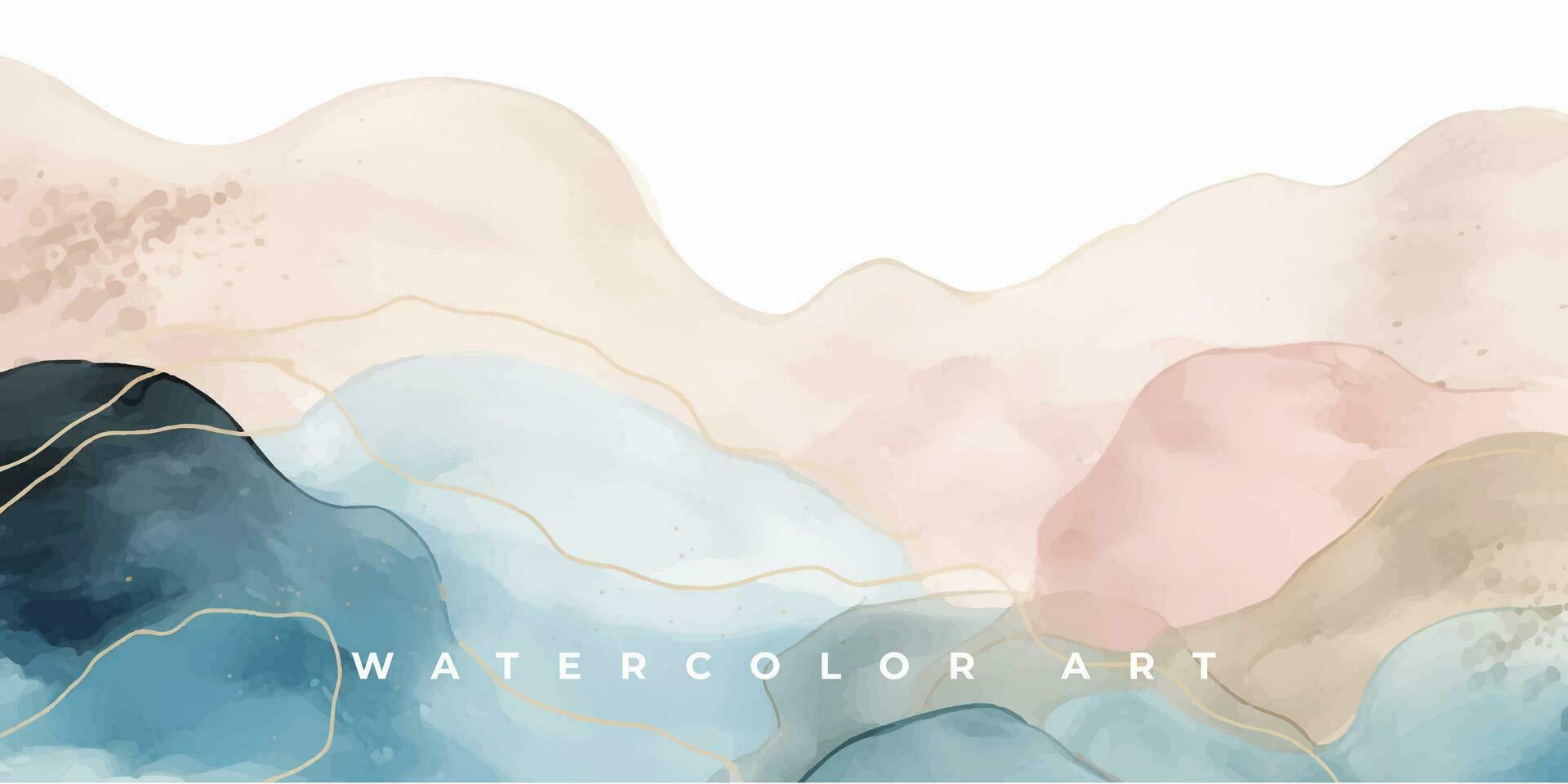 1920x960 Watercolor art background vector. Wallpaper design with paint brush and gold line art. Earth tone blue, pink, ivory, beige watercolor Illustration for prints, wall art, cover and invitation cards. 26229700 Vector Art