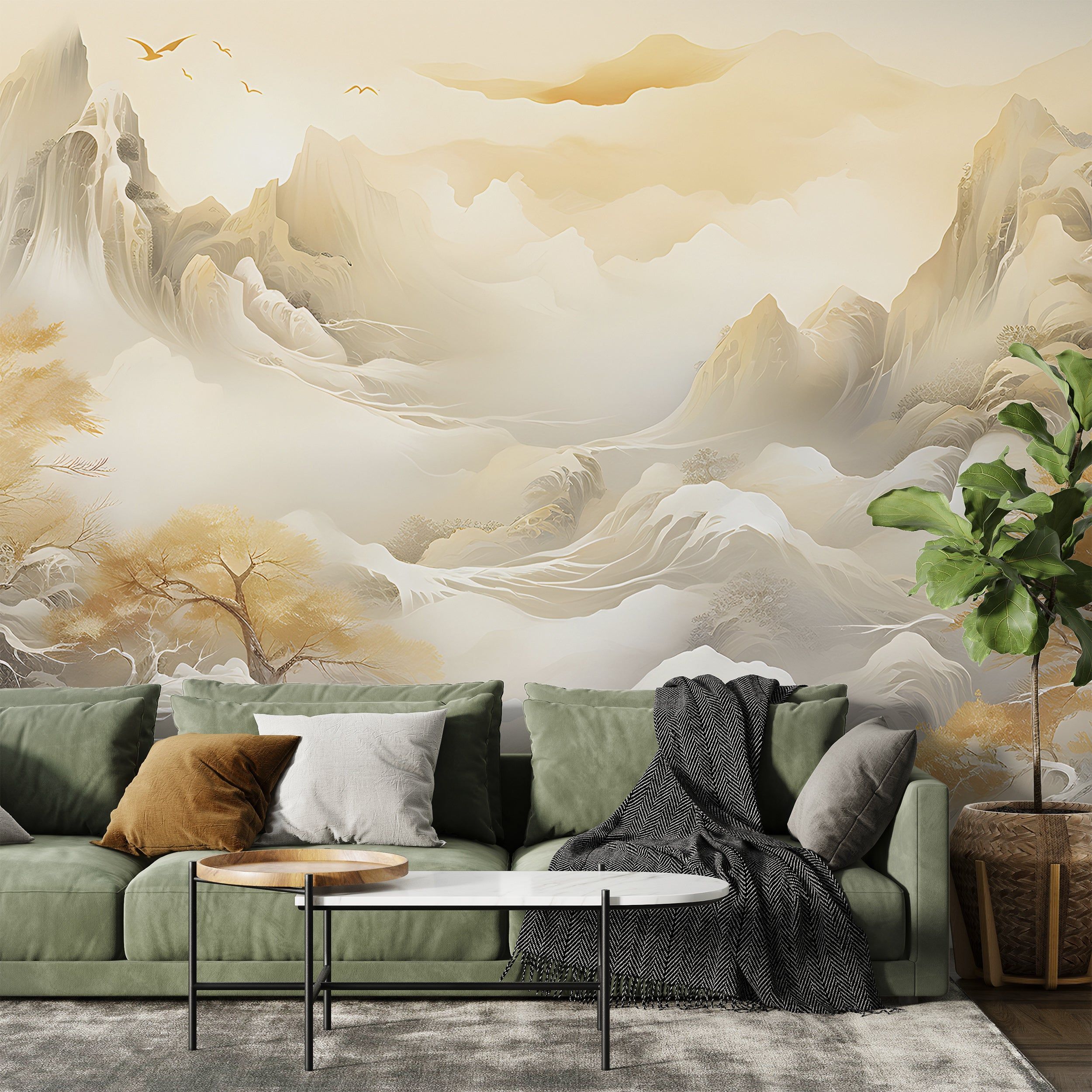 2500x2500 Beige Watercolor Mountains Mural. Abstract Landscape Wallpaper. Foggy Mountains Mural. Peel and Stick Landscape. Orange Trees Mural & stick