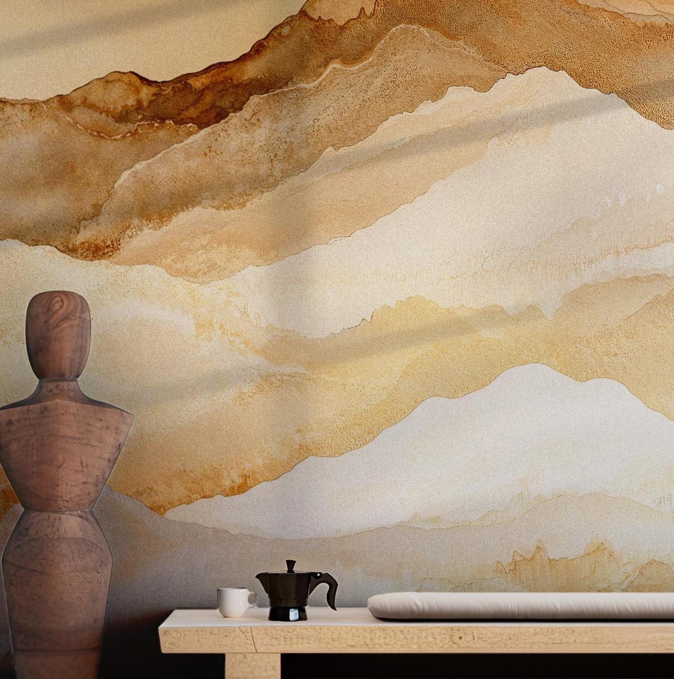1355x1365 Beige Watercolor Mountain Wallpaper Peel and Stick Wall Mural Earthy Tones BV317