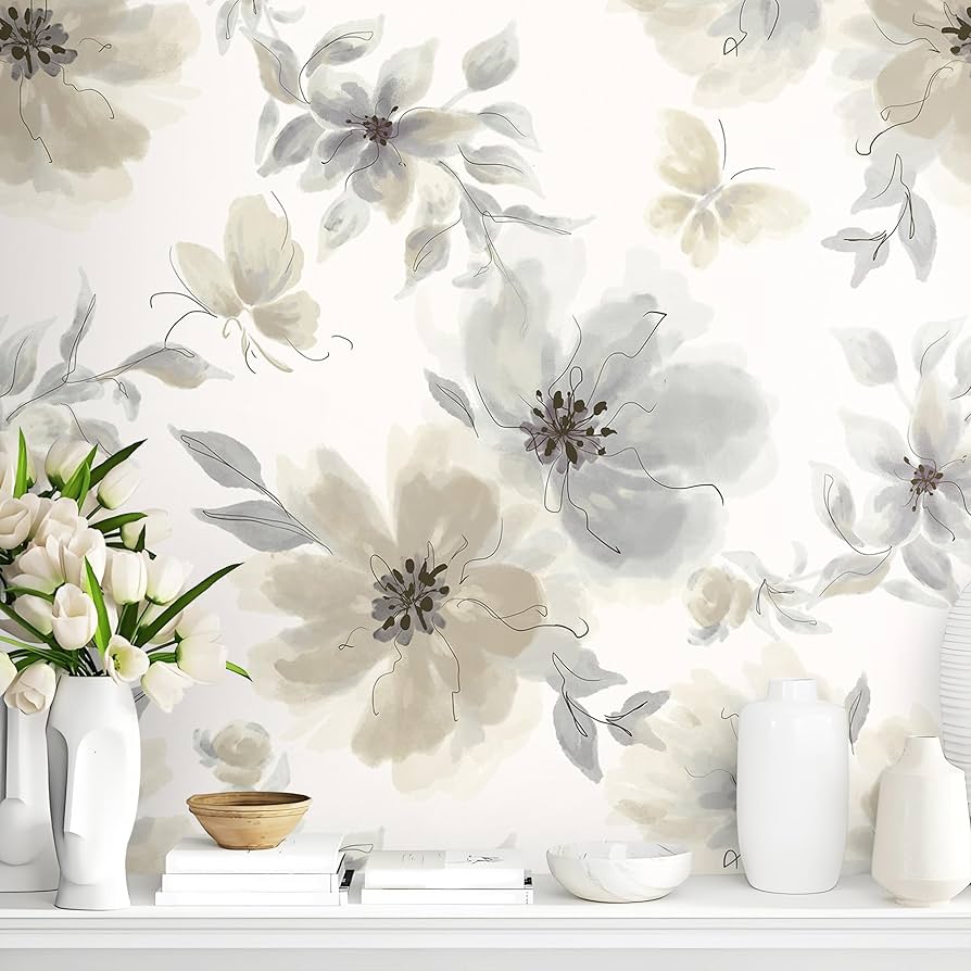894x894 Guvana Peel and Stick Wallpaper Floral Wallpaper Modern Contact Paper Vintage Watercolor Beige Flower Self Adhesive Wall Paper for Bedroom Bathroom 17.32x78.7