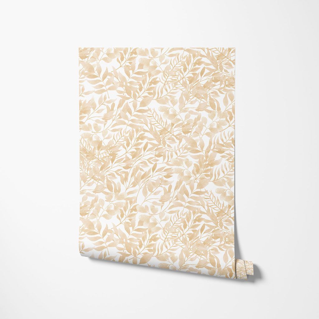 1024x1024 Peel And Stick Boho Beige Leaf Wallpaper, Nature Inspired, Neutral Removable Seamless Pattern Of Watercolor Leaves Non Woven Pape