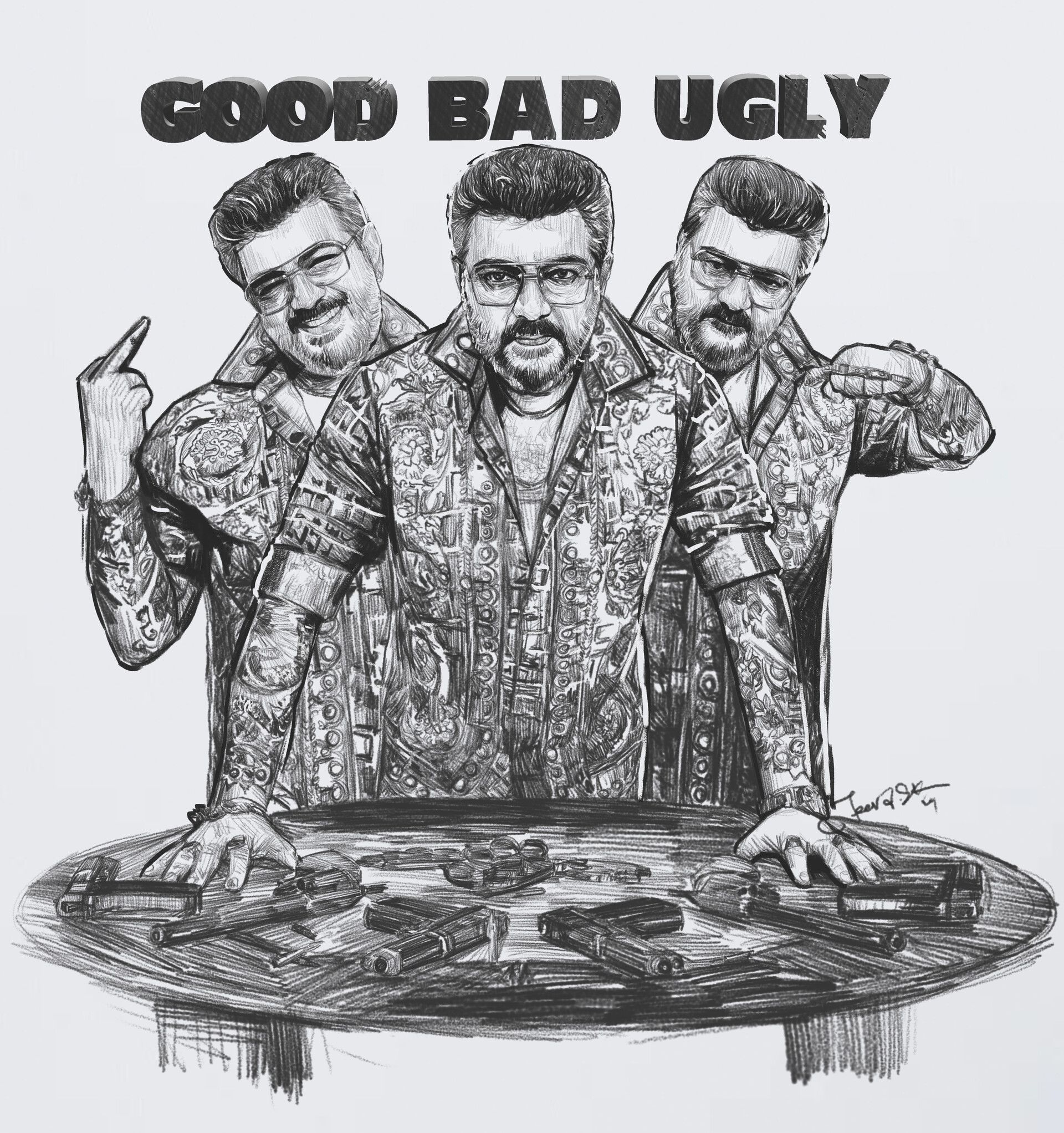 1920x2044 Good Bad Ugly Thala Ajith Kumar Charcoal Pencil Sketch 2024