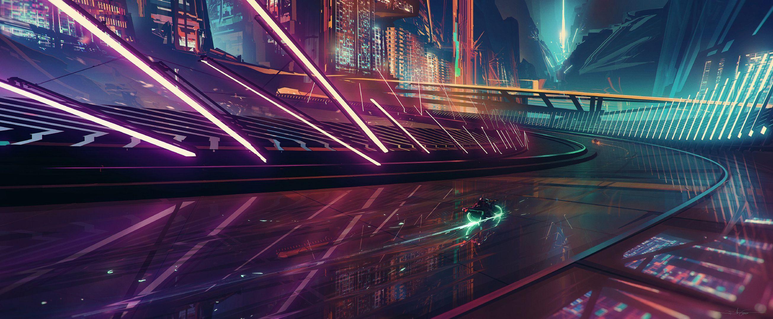 2610x1080 On My Way Neon Rider Scifi Wallpaper, HD