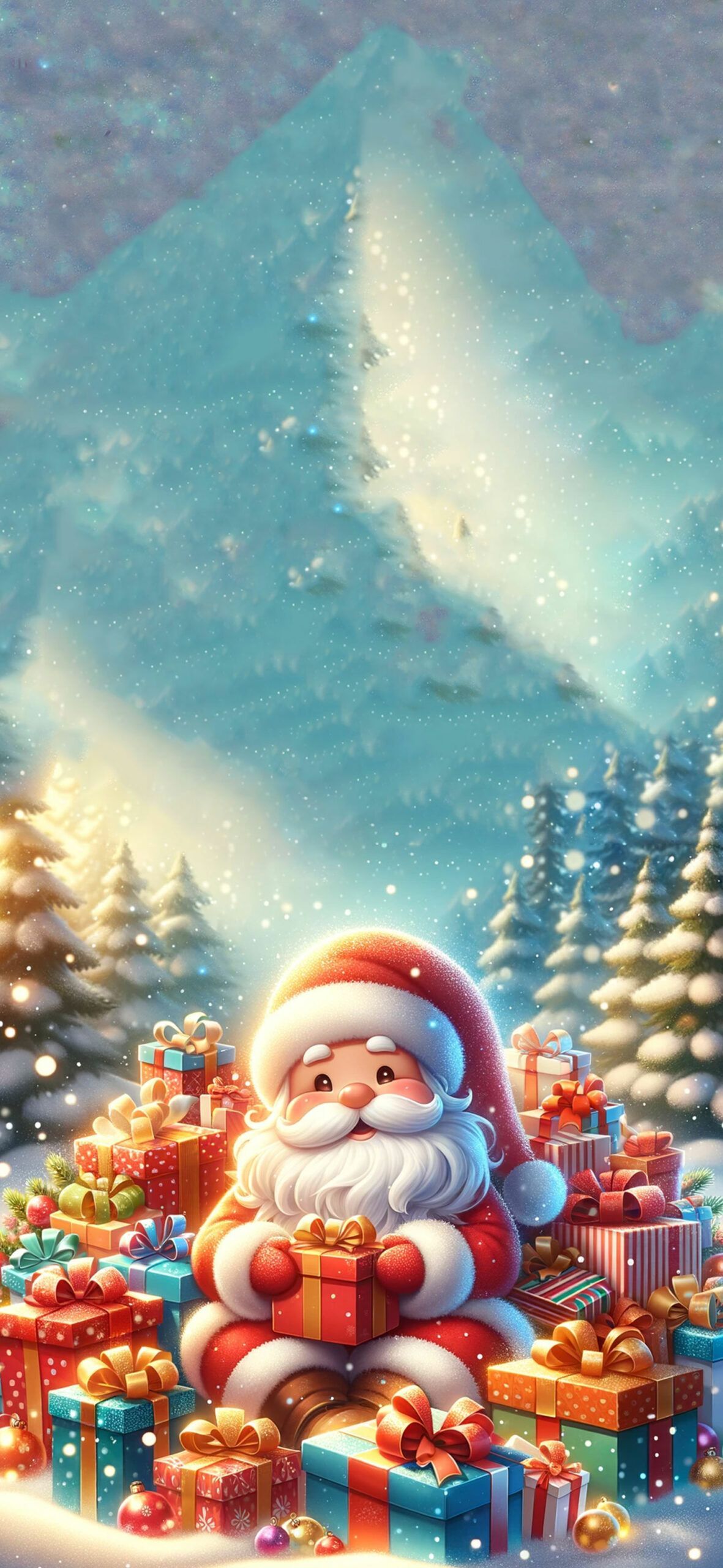 1181x2560 Santa Claus with a Pile of Gifts Christmas Wallpaper