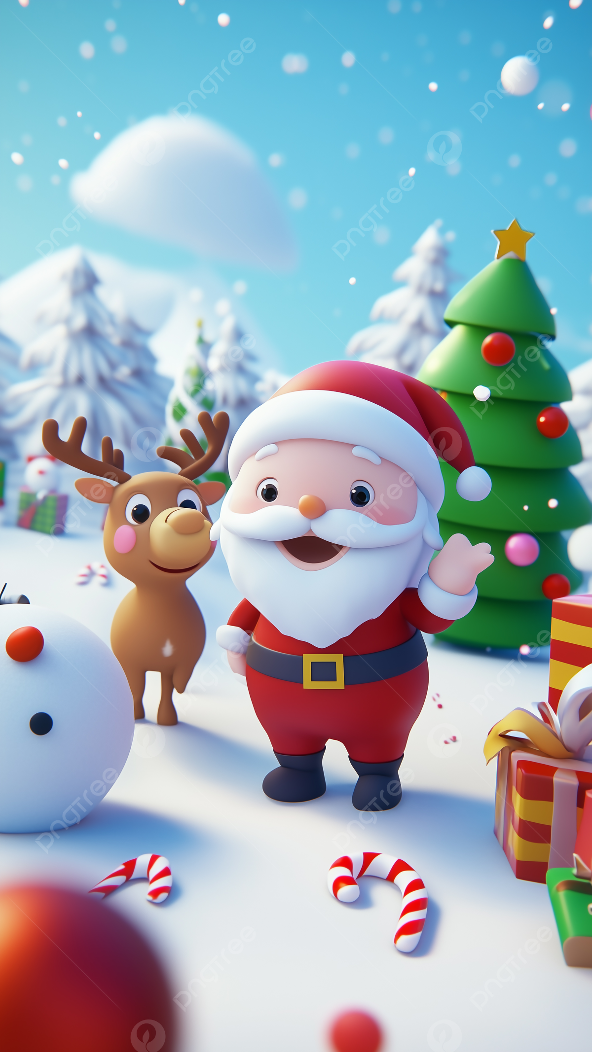 1200x2134 Christmas Santa Claus Christmas Tree Winter 3D Cartoon Background Wallpaper Image For Free Download