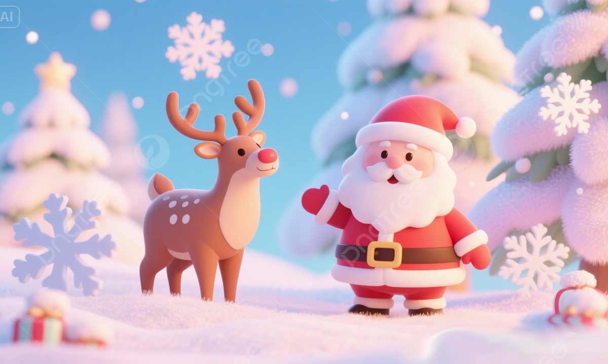 1200x719 Cute 3D Santa Claus With Reindeer Standing In Snowy Winter Wonderland Cartoon Christmas Character Illustration Snowflakes, Santa Claus, Illustration, Snow Background Image And Wallpaper for Free Download