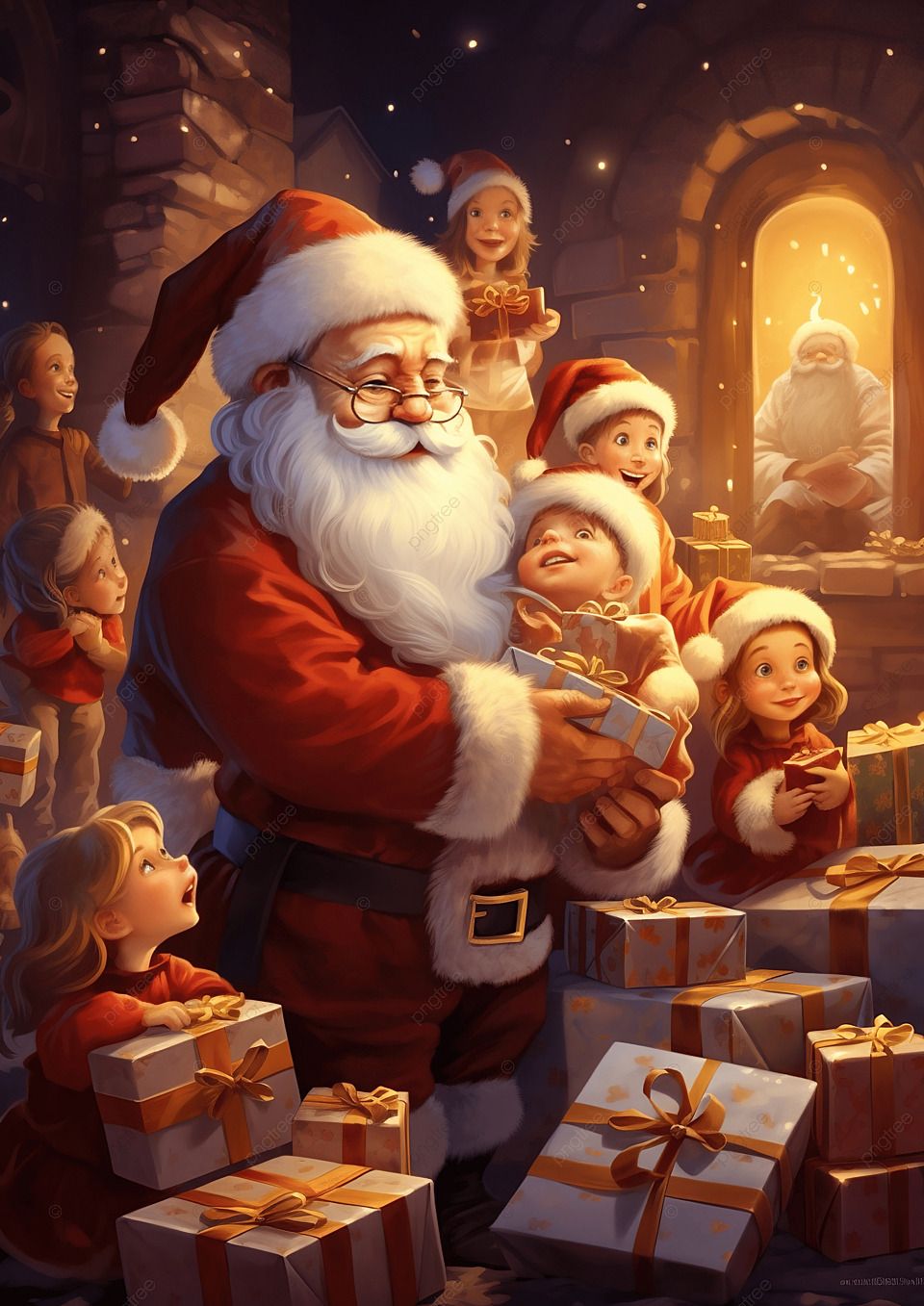 960x1357 Cartoon Santa Clauses Giving Christmas Gifts To Kids Background Wallpaper Image For Free Download