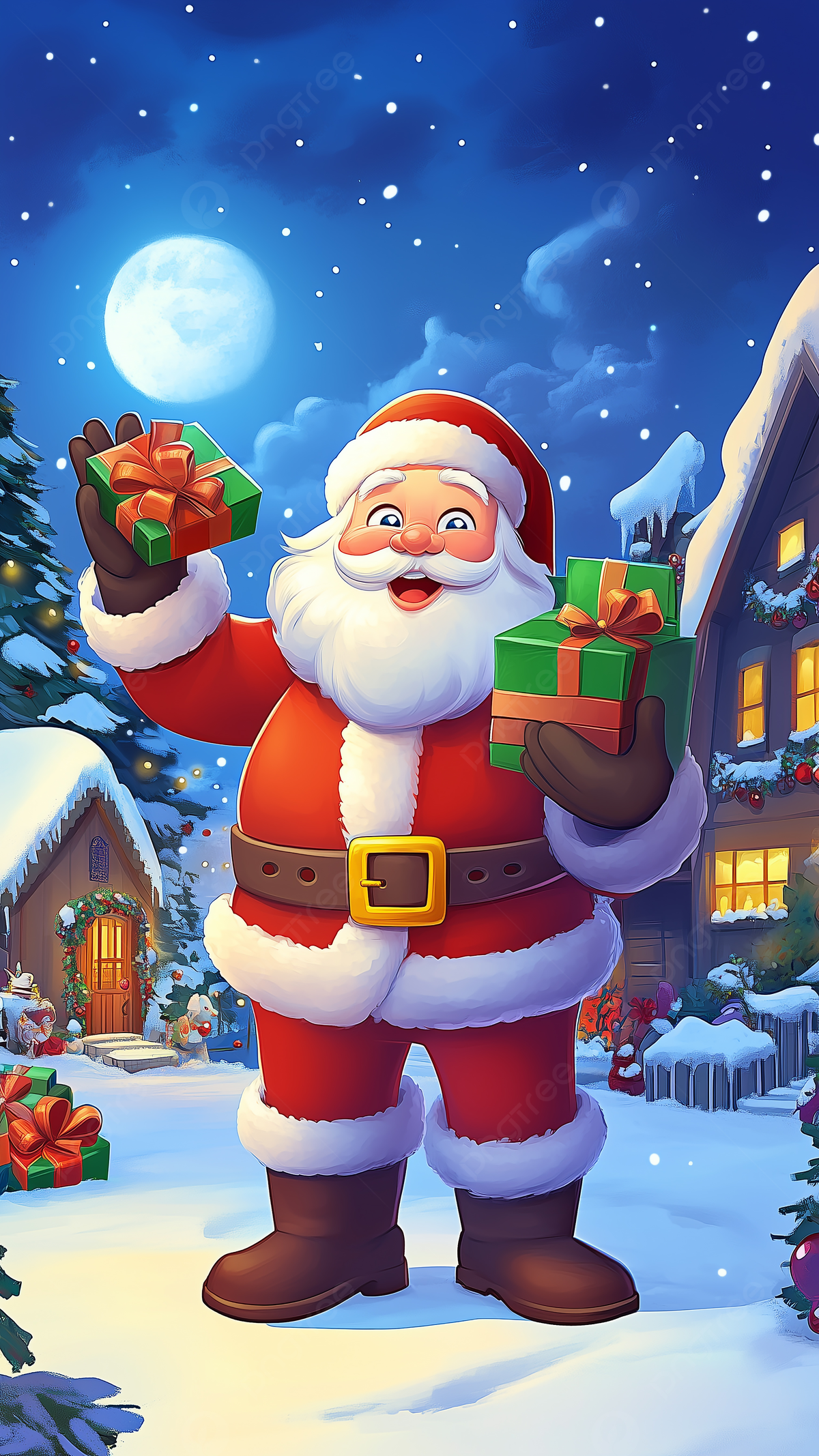 1200x2134 Christmas Snow Santa Claus Moon Night Illustration Background Wallpaper Image For Free Download
