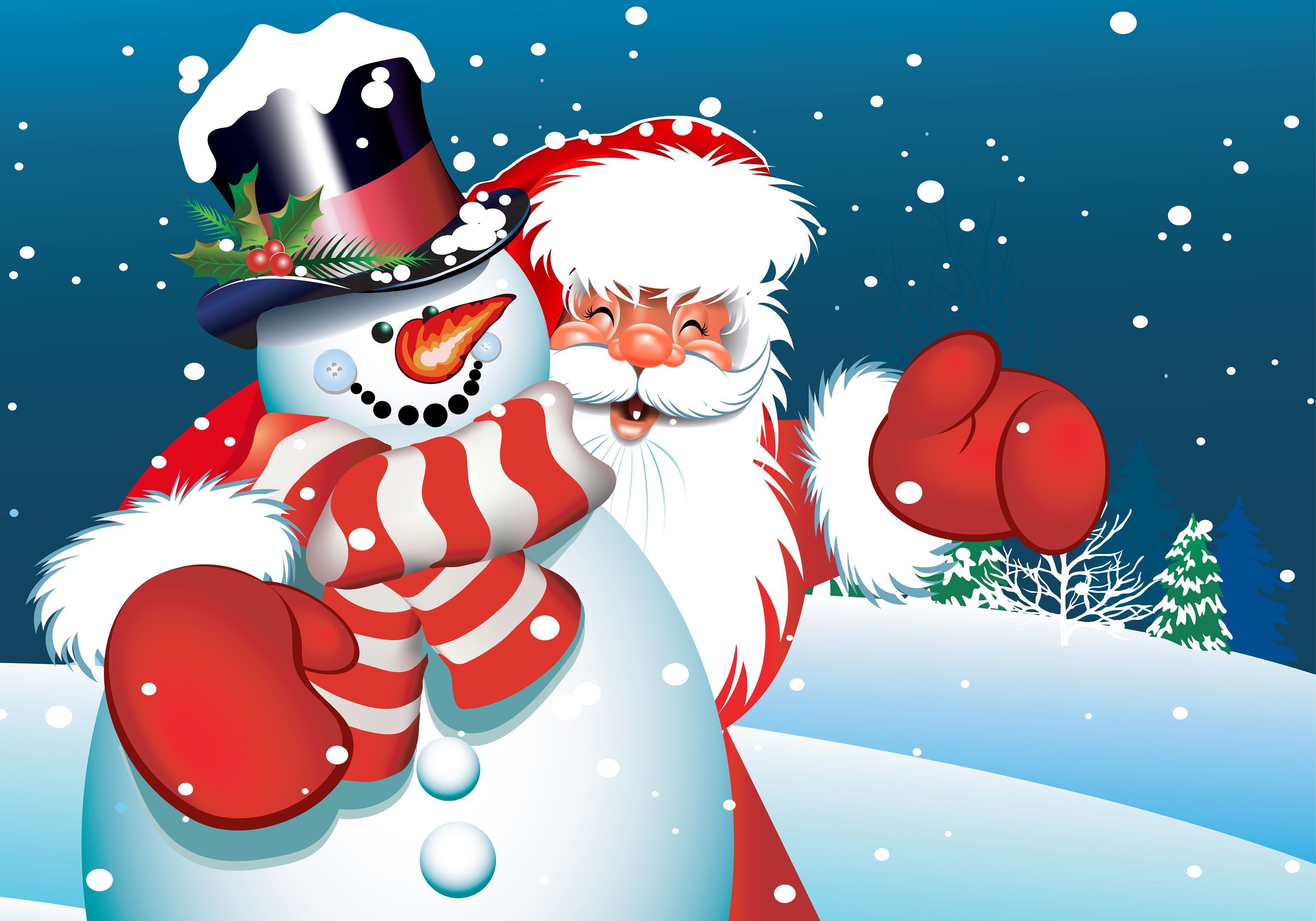 2856x2000 Wallpaper Santa Claus, Christmas Day, Snowman, Christmas, Cartoon, Background Free Image