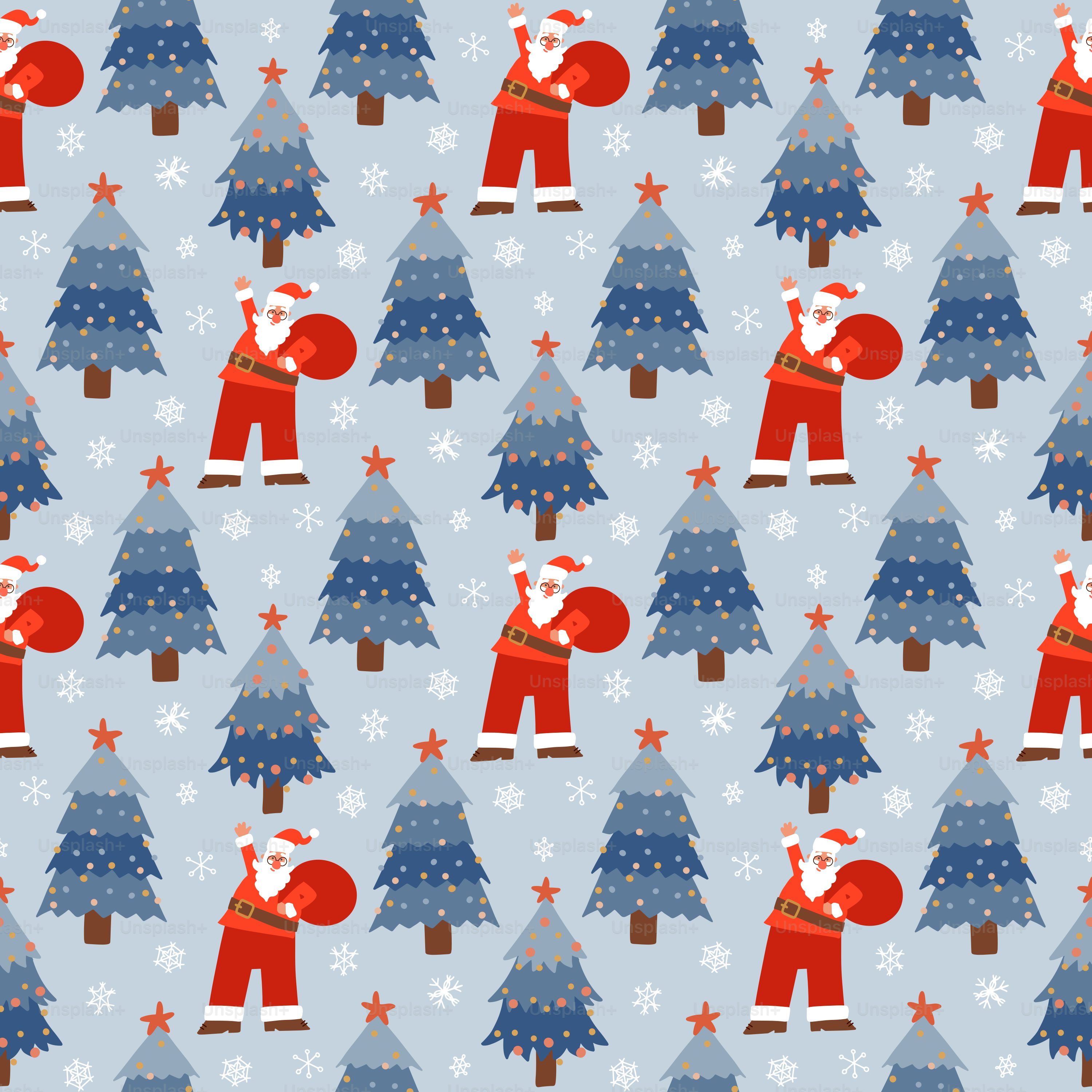 3000x3000 Christmass seamless pattern with cartoon Santa Claus walking with sack of gifts on snowy blue background with fir trees. Vector flat hand drawn illustration vector