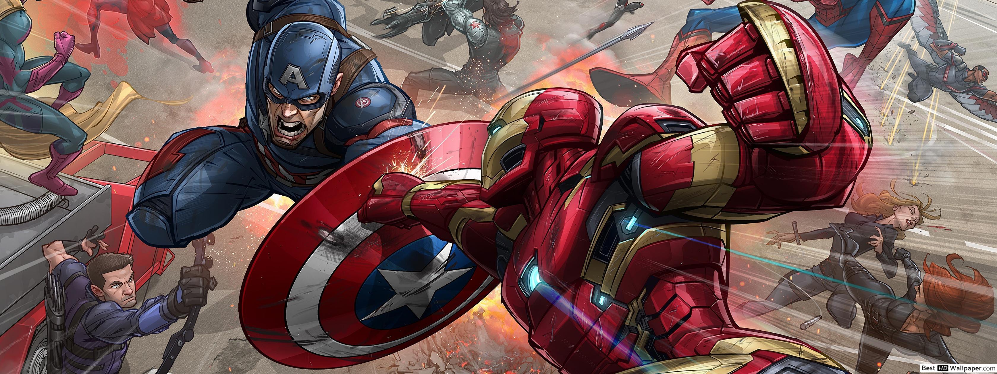 3360x1260 Iron Man Vs Captain America HD wallpaper download