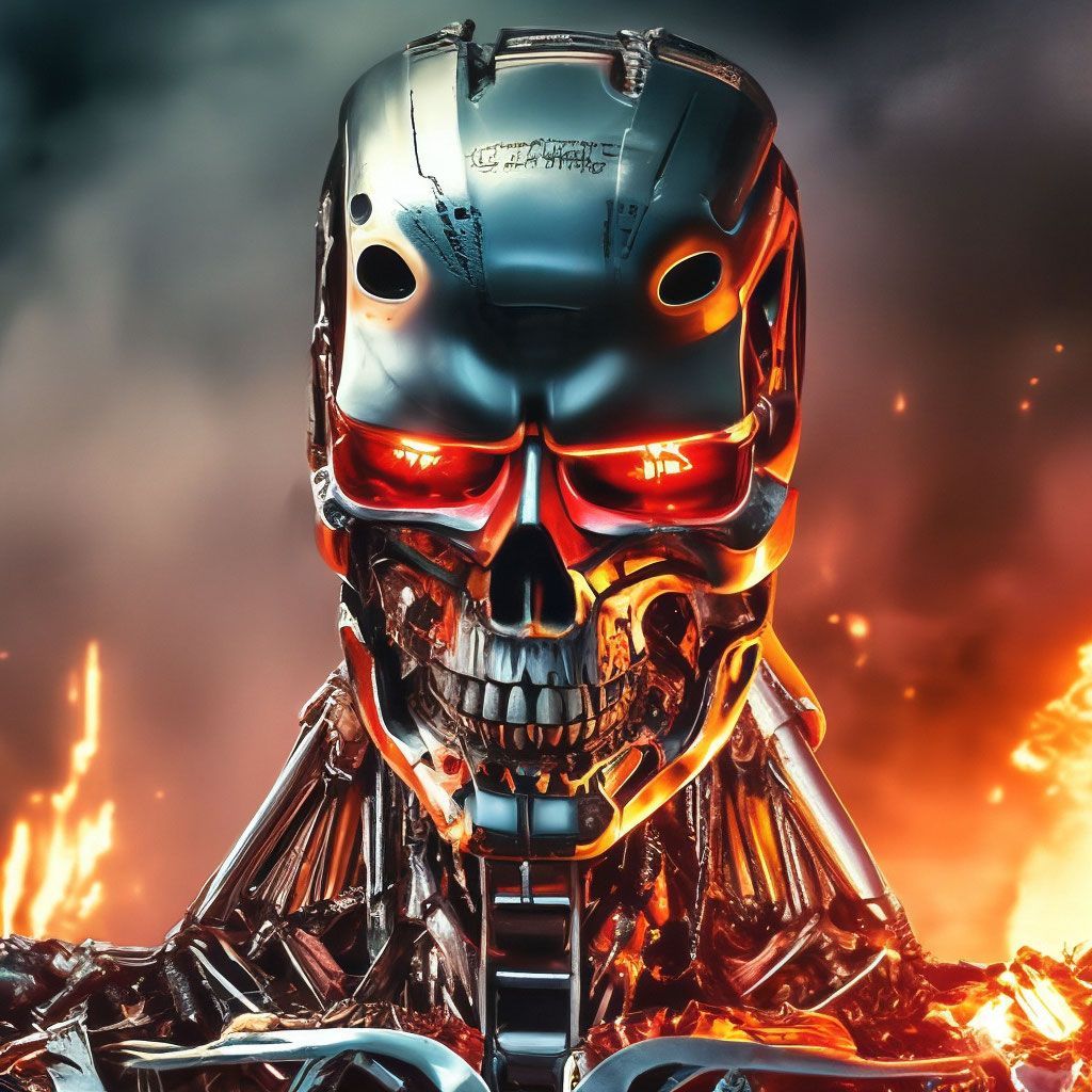 1024x1024 The evil terminator T- an iron skeleton with burning red eyes, darkness and clouds of smoke around, flashes of
