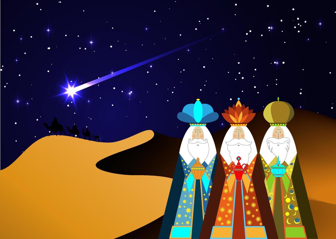 1373x980 Three wise men Christmas. Three biblical Kings, Caspar, Melchior and Balthazar. Bethlehem Nativity concept, Epiphany is a Christian festival. The Gift of the Magi vector isolated, black sky and comet 4915433 Vector