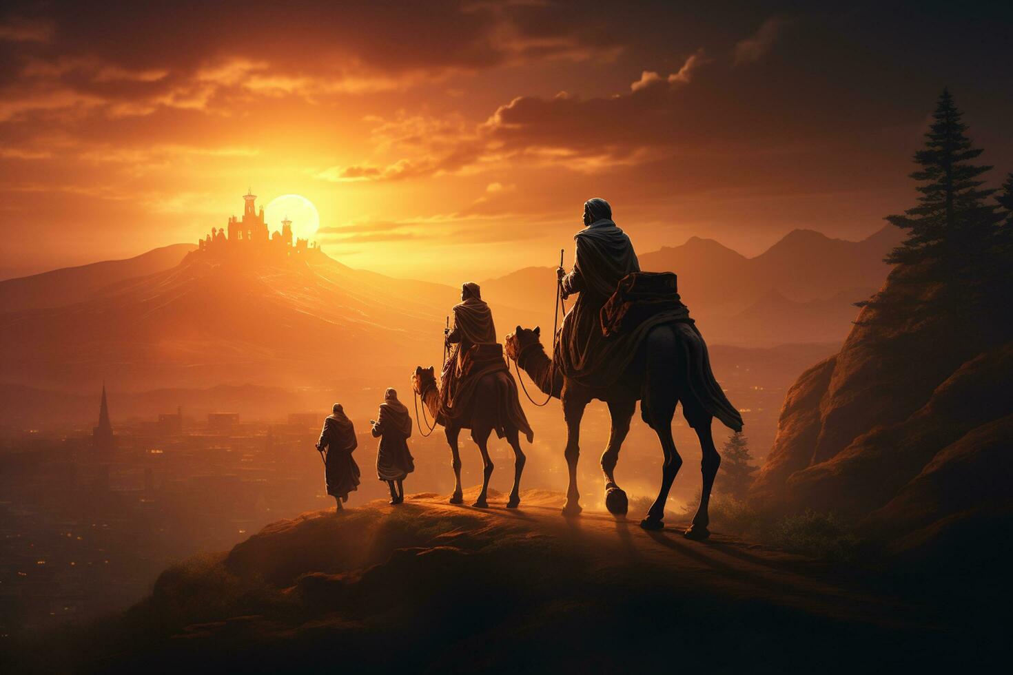 1470x980 nativity scene with wise men and camels in the desert Ai Generated