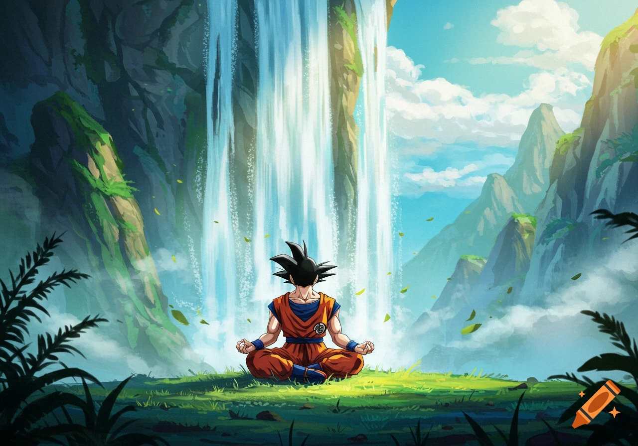 1280x896 Goku meditating in front of a large waterfall in a lush valley on Craiyon