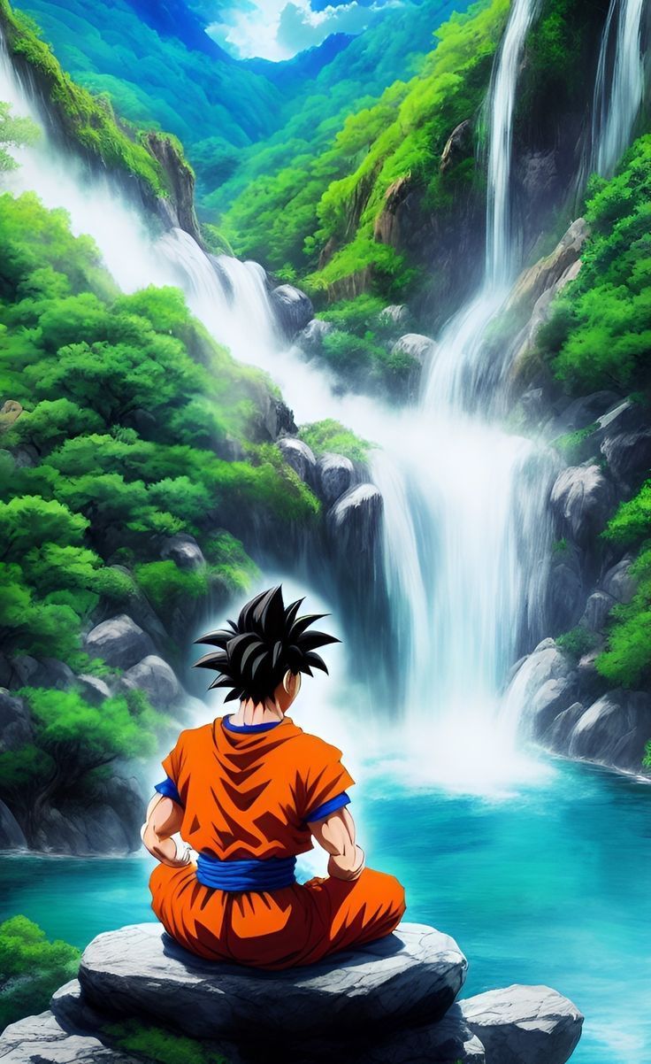 736x1202 Goku meditates on a waterfall, enveloped by nature's embrace