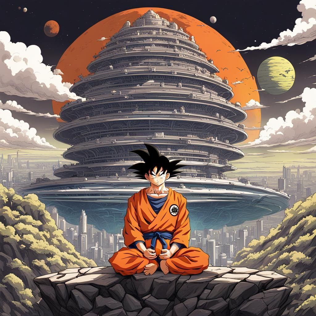 1024x1024 Goku meditating in an alien city meditating in an ali