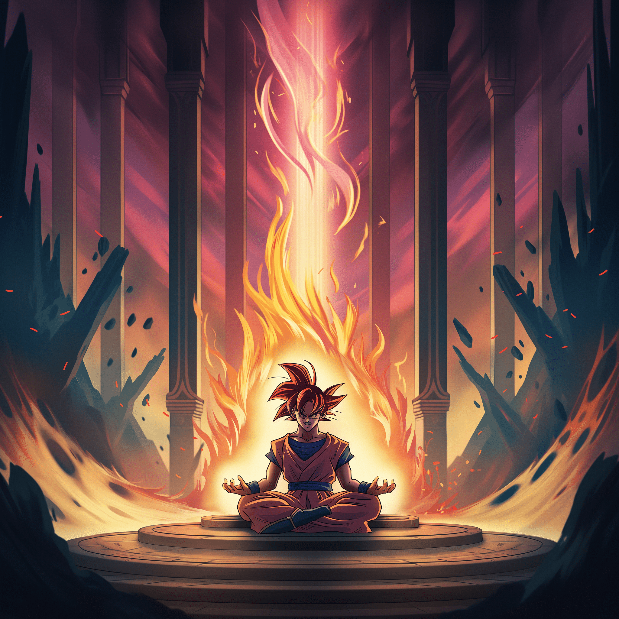2048x2048 Super Saiyan God Goku Meditating on Golden Throne cutout image in PNG and PSD formats