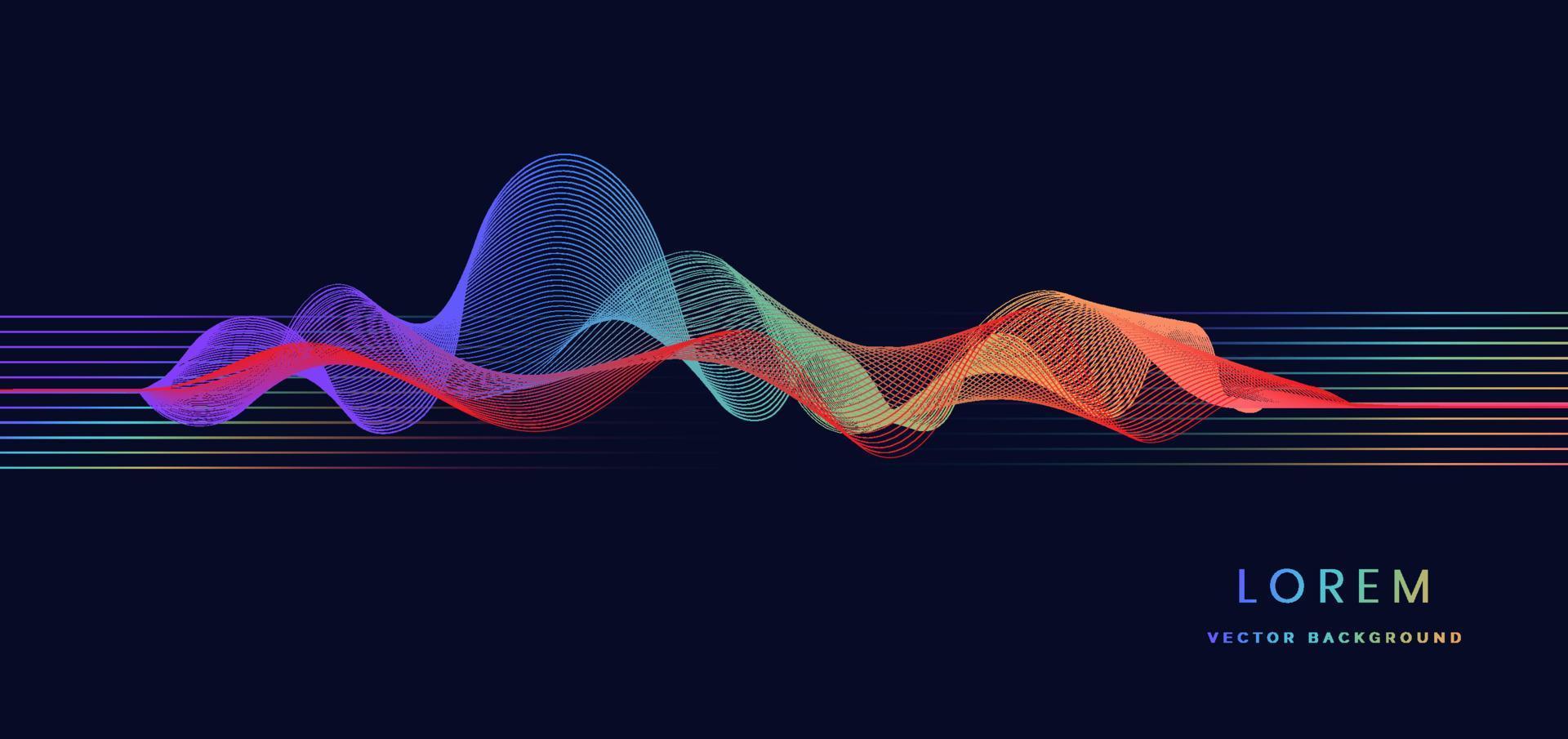 1920x905 Abstract colorful sound wave music lines flowing on dark blue background. You can use for ad, poster, template, business presentation. Vector illustration