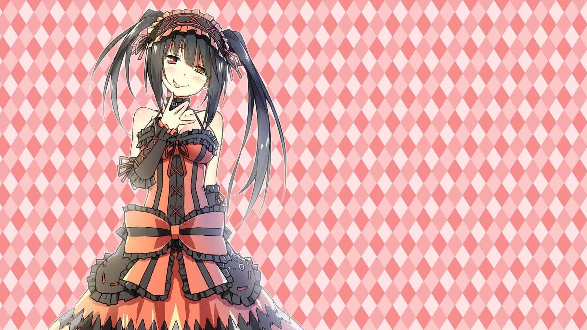 1920x1080 dress, long hair, ribbons, heterochromia, red eyes, yellow eyes, twintails, checkered, head dress, anime, lolita fashion, anime girls, black hair, Date a Live, Tokisaki Kurumi, gothic lolita wallpaper