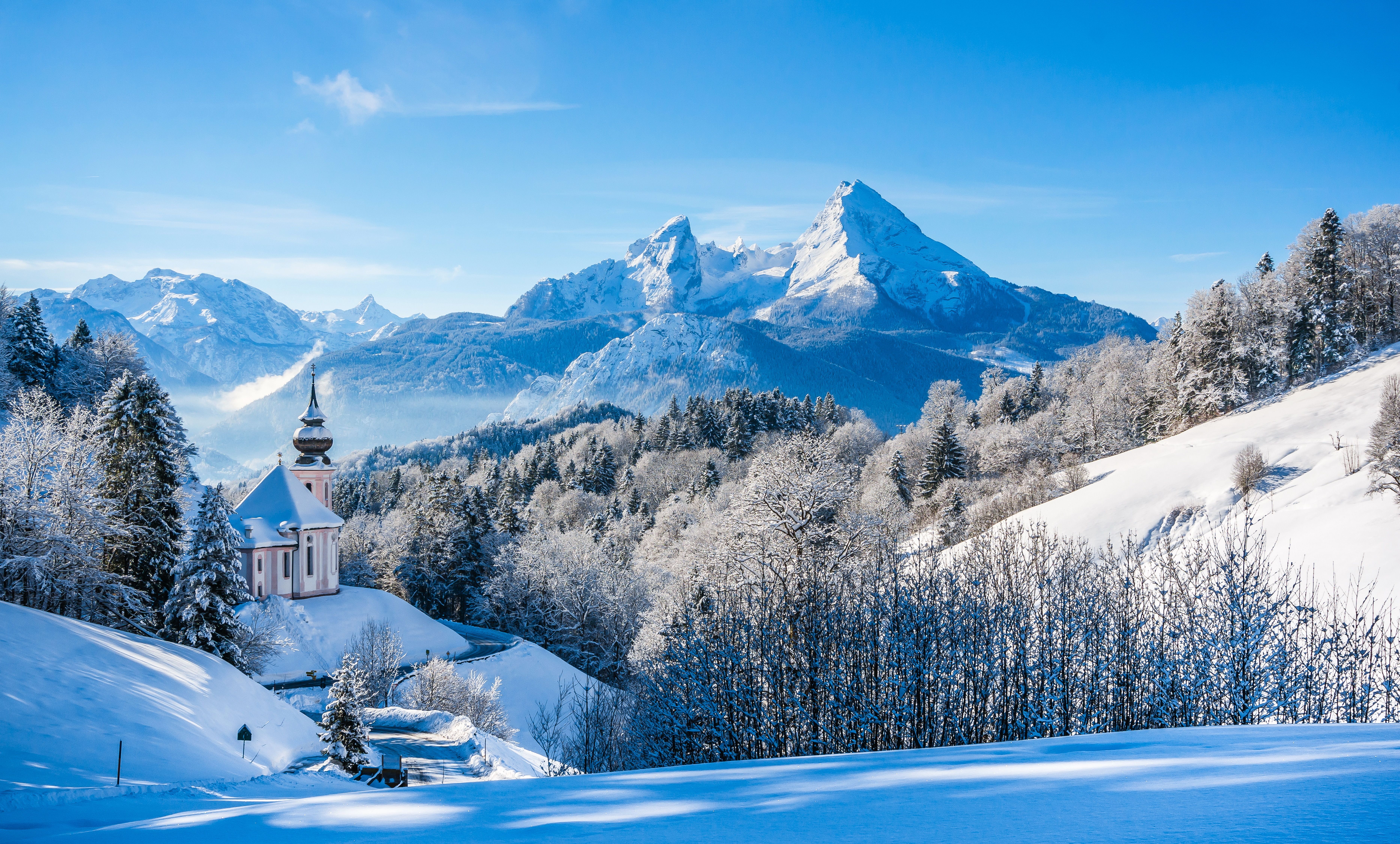 7468x4500 Wallpaper winter, forest, snow, trees, mountains, Germany, Bayern, Alps for mobile and desktop, section пейзажи, resolution 7468x4500