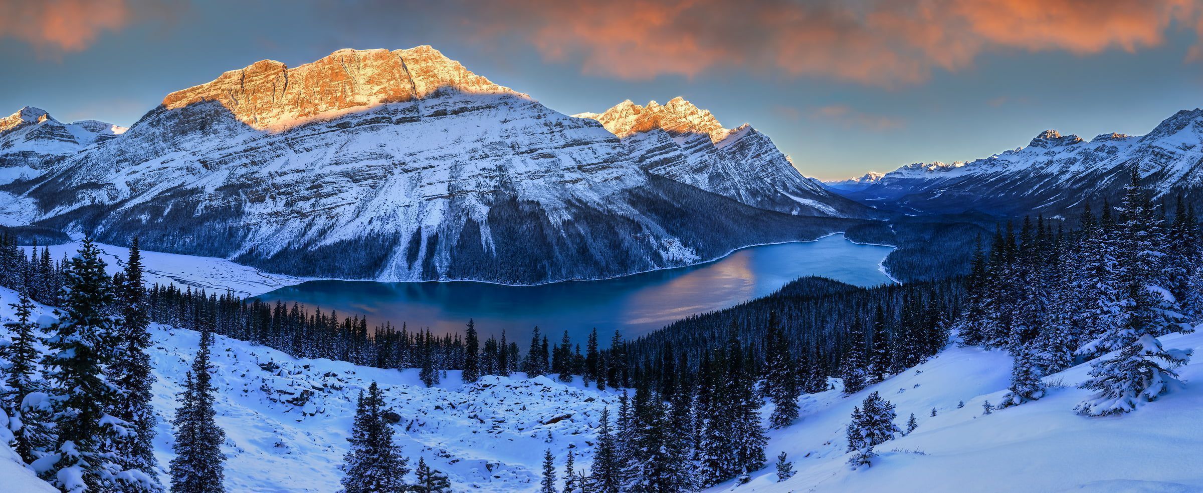 2400x985 Snowy mountain landscape wallpaper