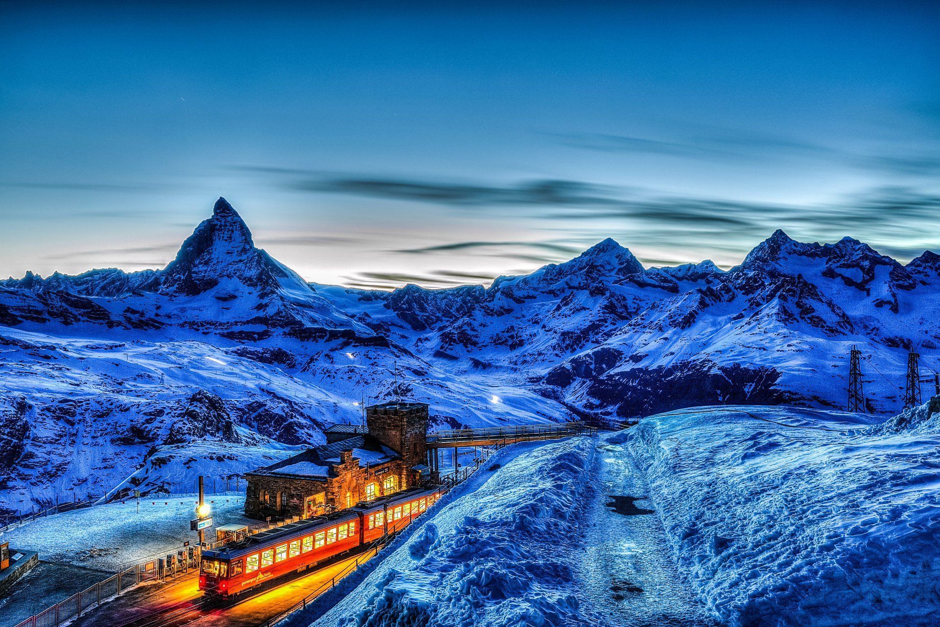 1920x1282 4K Ultra HD Wallpaper: Winter Train Journey through Matterhorn, Swiss Alps
