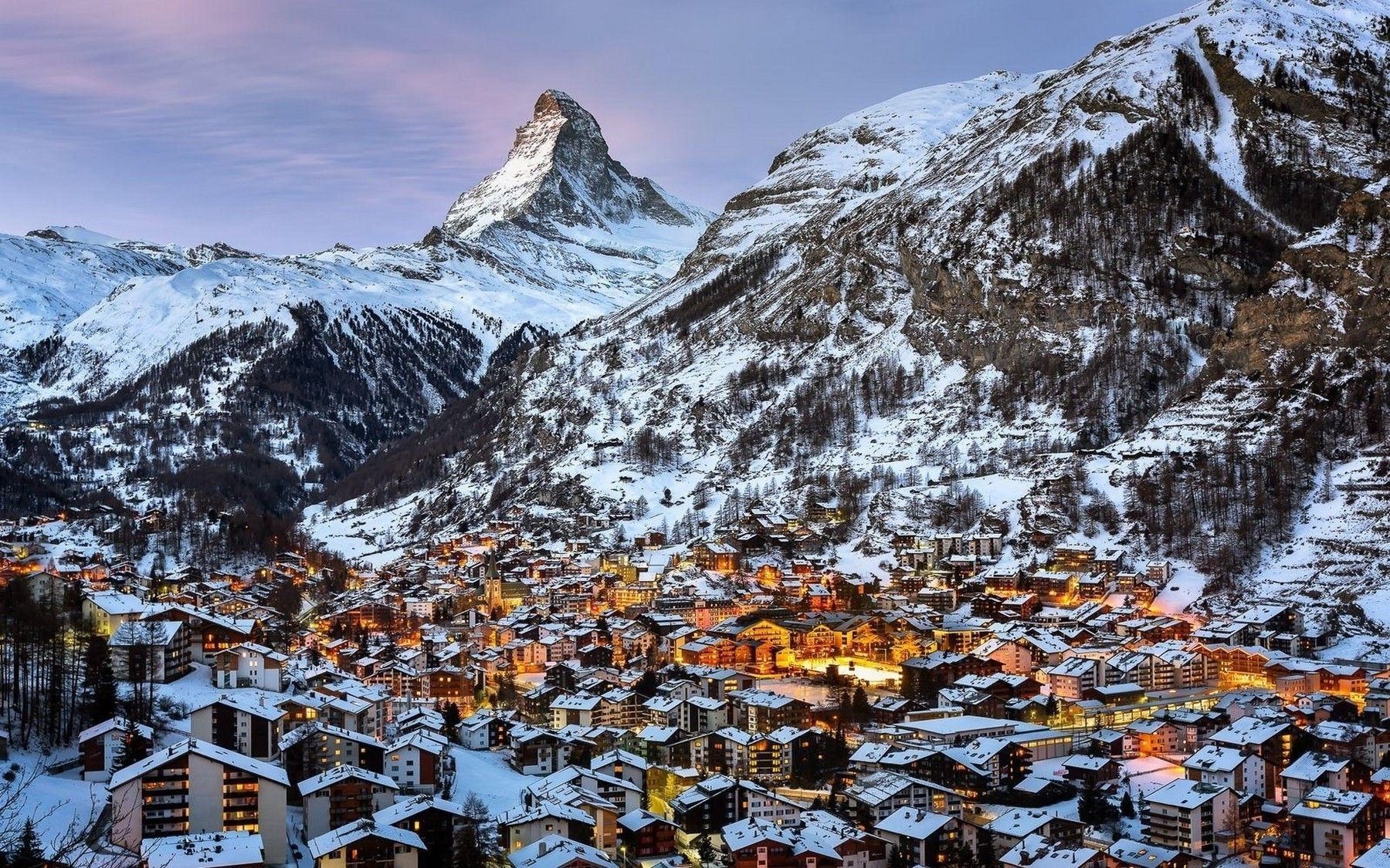 1800x1125 Switzerland, Mountains, Snow, Winter, Town, Matterhorn, Zermatt, Photography, Landscape, City, Lights, Architecture, Swiss Alps Wallpaper HD / Desktop and Mobile Background