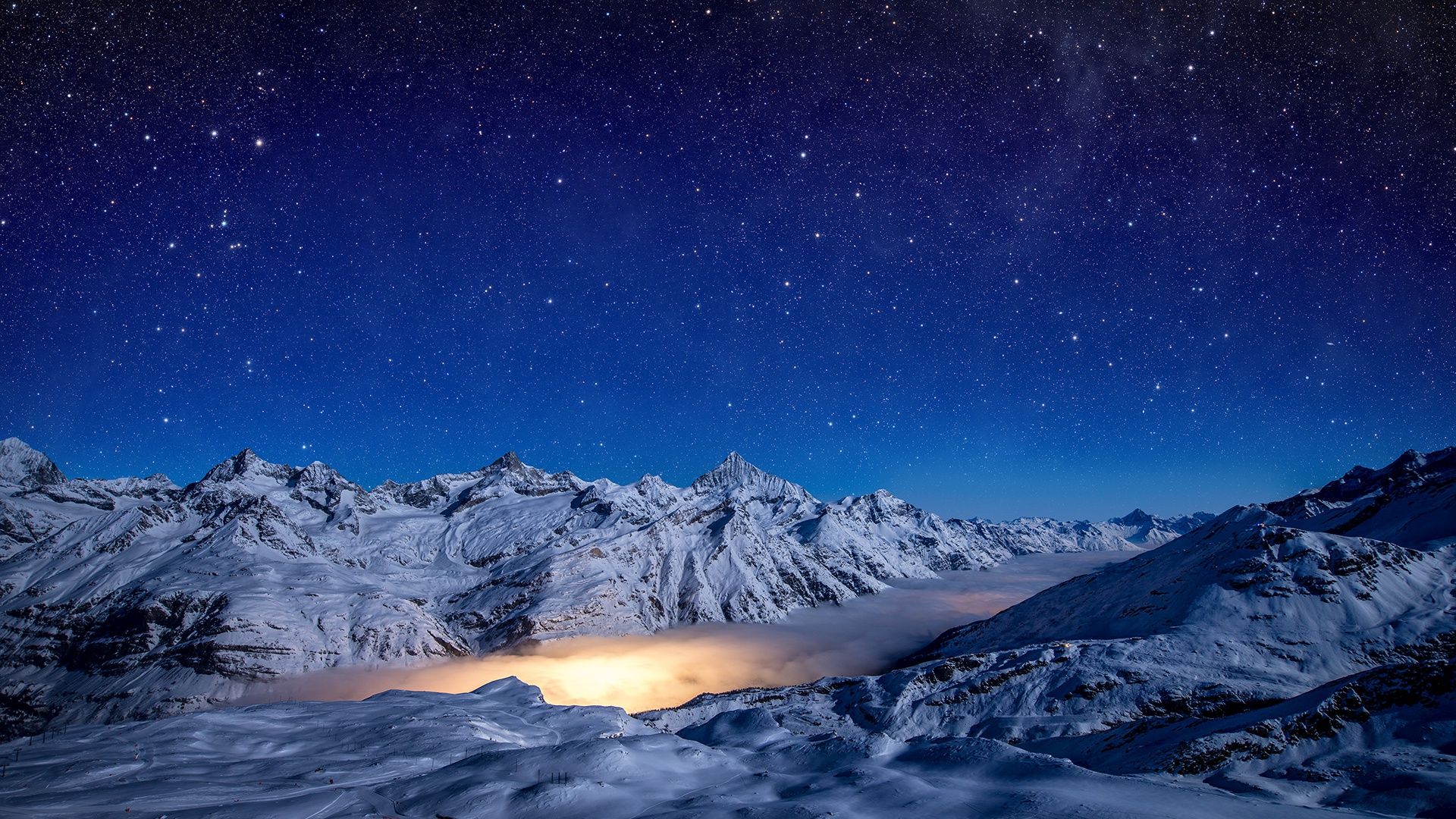 1920x1080 Wallpaper light, sky, night, winter, snow, stars, Pennine Alps, Gornergrad for mobile and desktop, section пейзажи, resolution 1920x1080