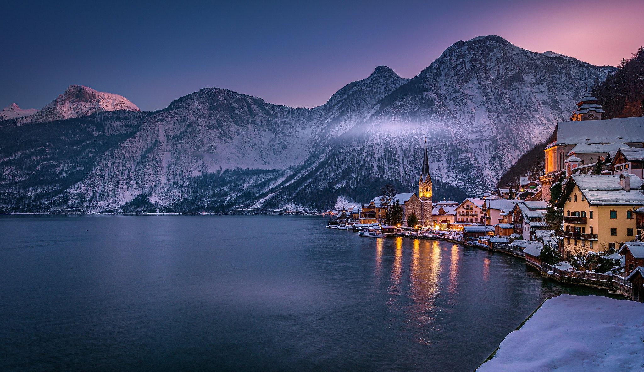 2048x1185 Wallpaper winter, mountains, lake, building, home, Austria, Alps, Austria for mobile and desktop, section пейзажи, resolution 2048x1185
