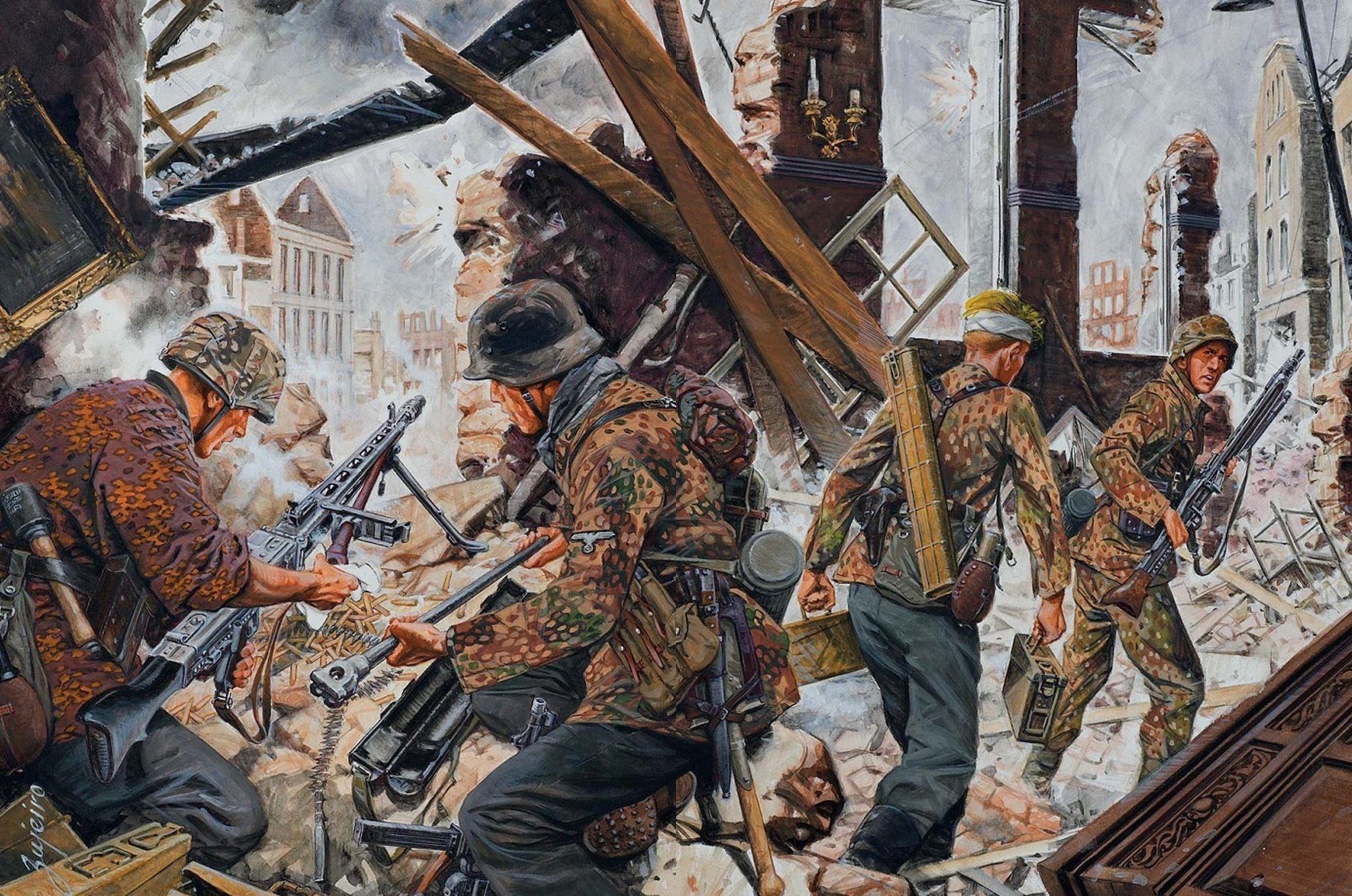 2000x1326 Painting Art Soldiers Machine guns Army battle war military
