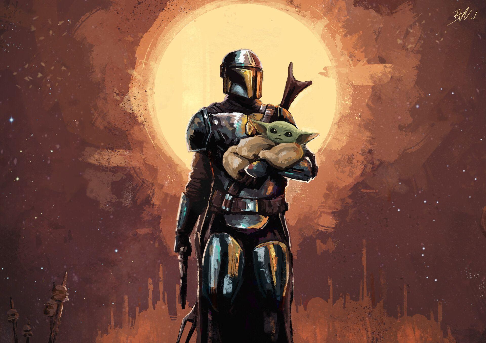 1920x1358 The Mandalorian holding Baby Yoda HD Wallpaper. Background Image