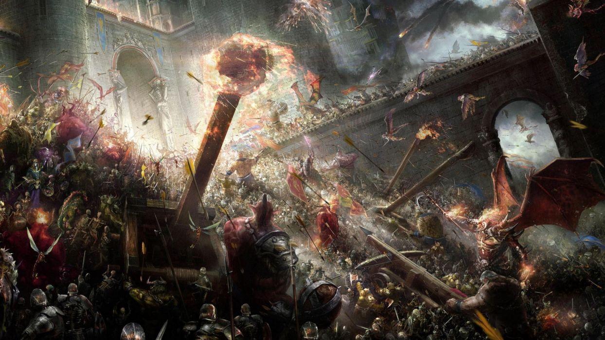 1244x700 Fantasy art battle castle siege weapons warrior army destruction
