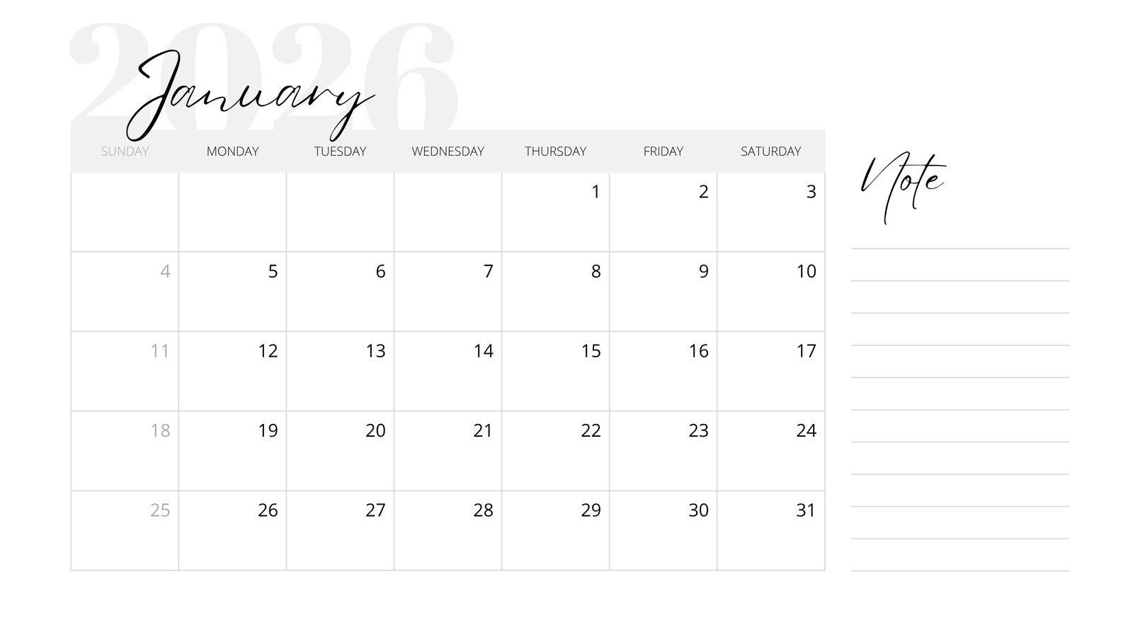 1600x900 Free and editable January 2026 calendar templates