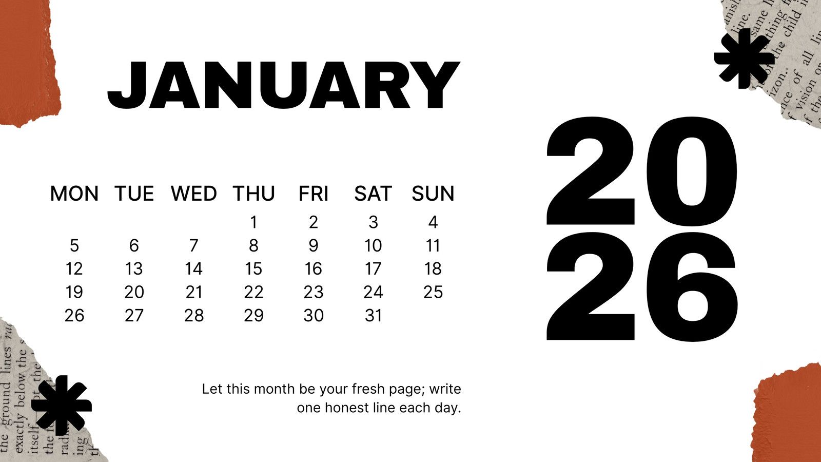 1600x900 Free and editable January 2026 calendar templates