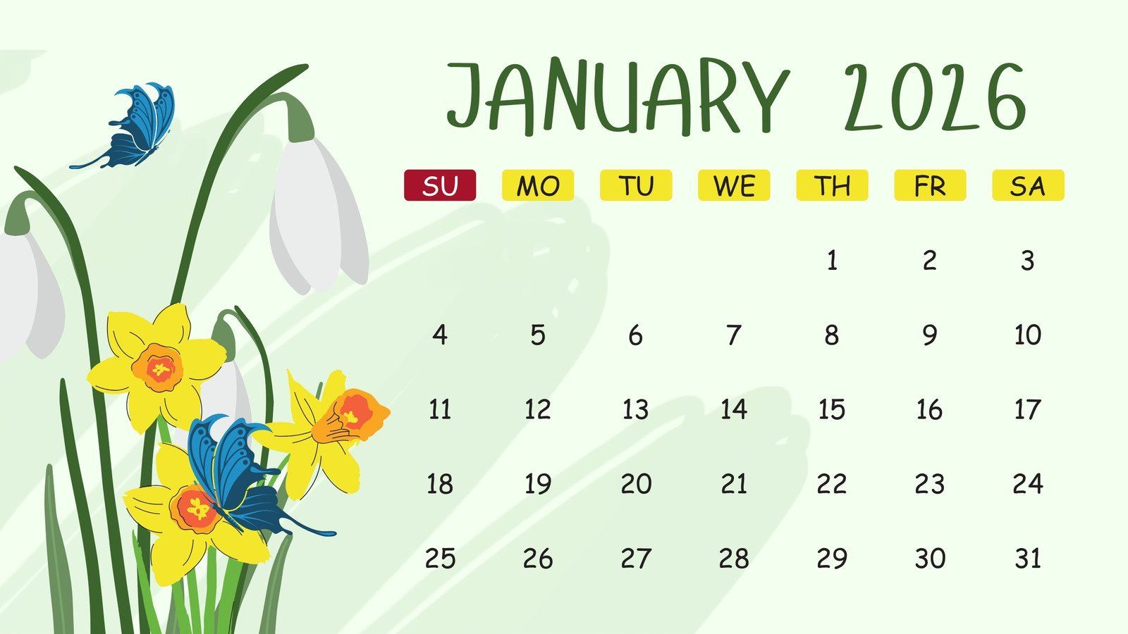 1600x900 and editable January 2026 calendar templates