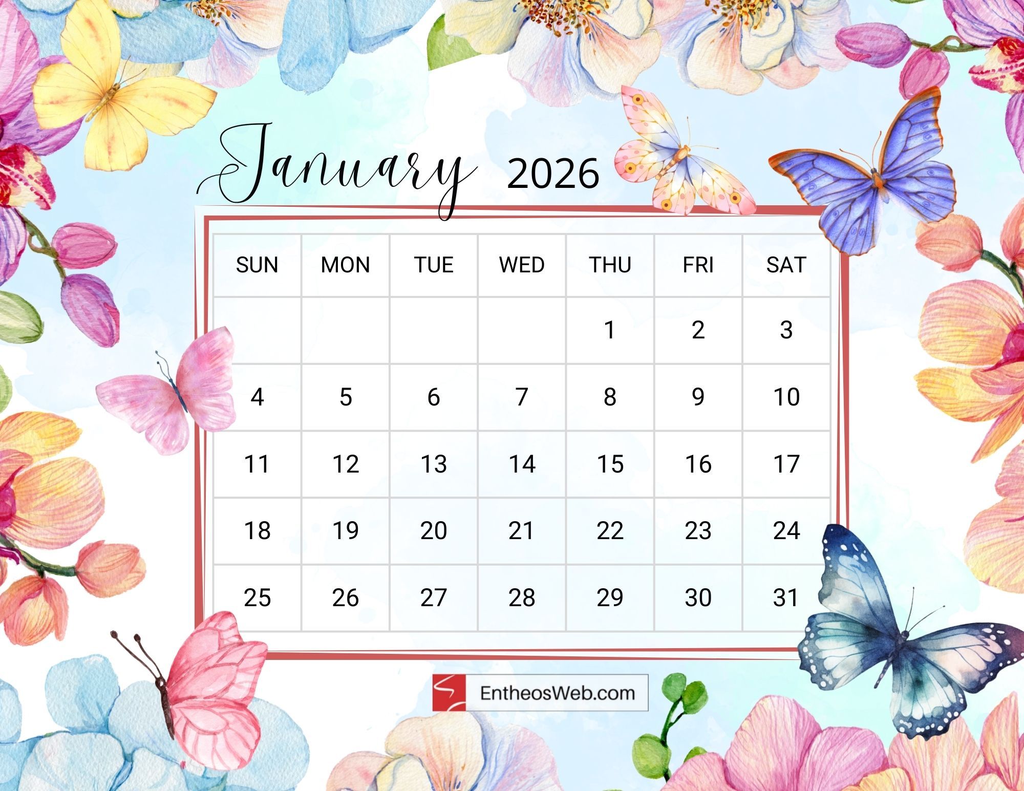 2000x1545 Butterfly Themed 2026 Printable Calendar