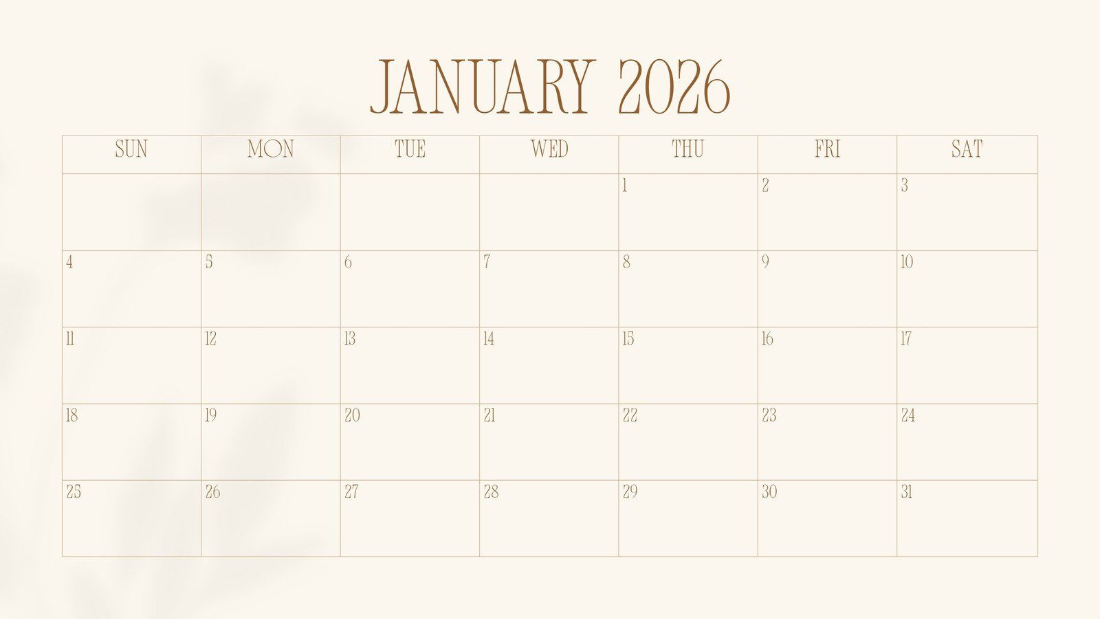 1600x900 Free and editable January 2026 calendar templates