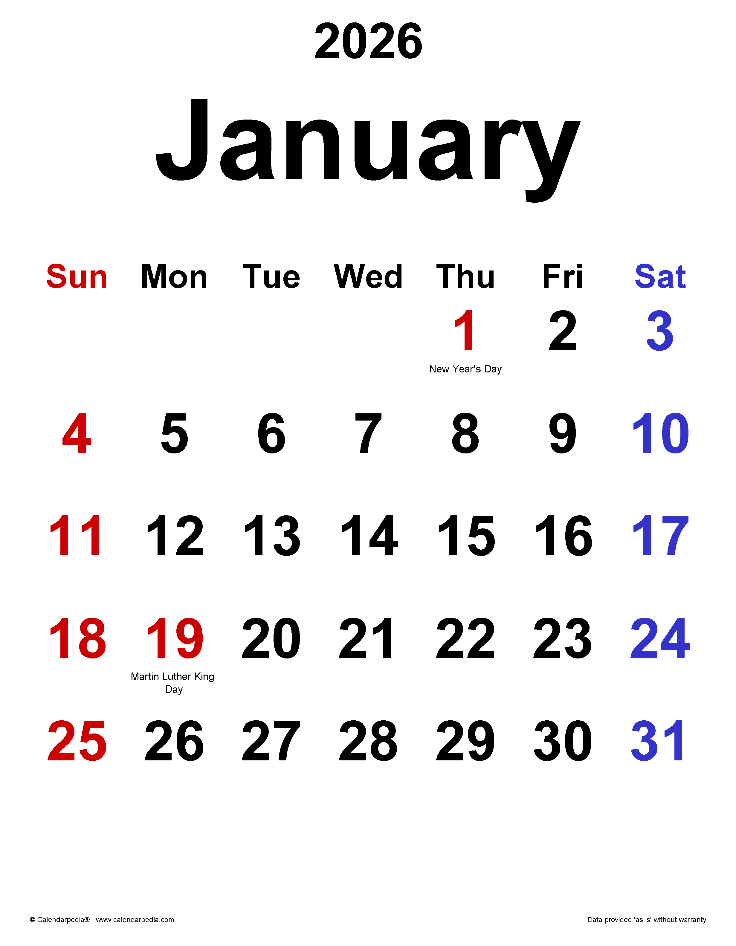 2462x3165 January 2026 Calendar. Templates for PDF, Excel and Word