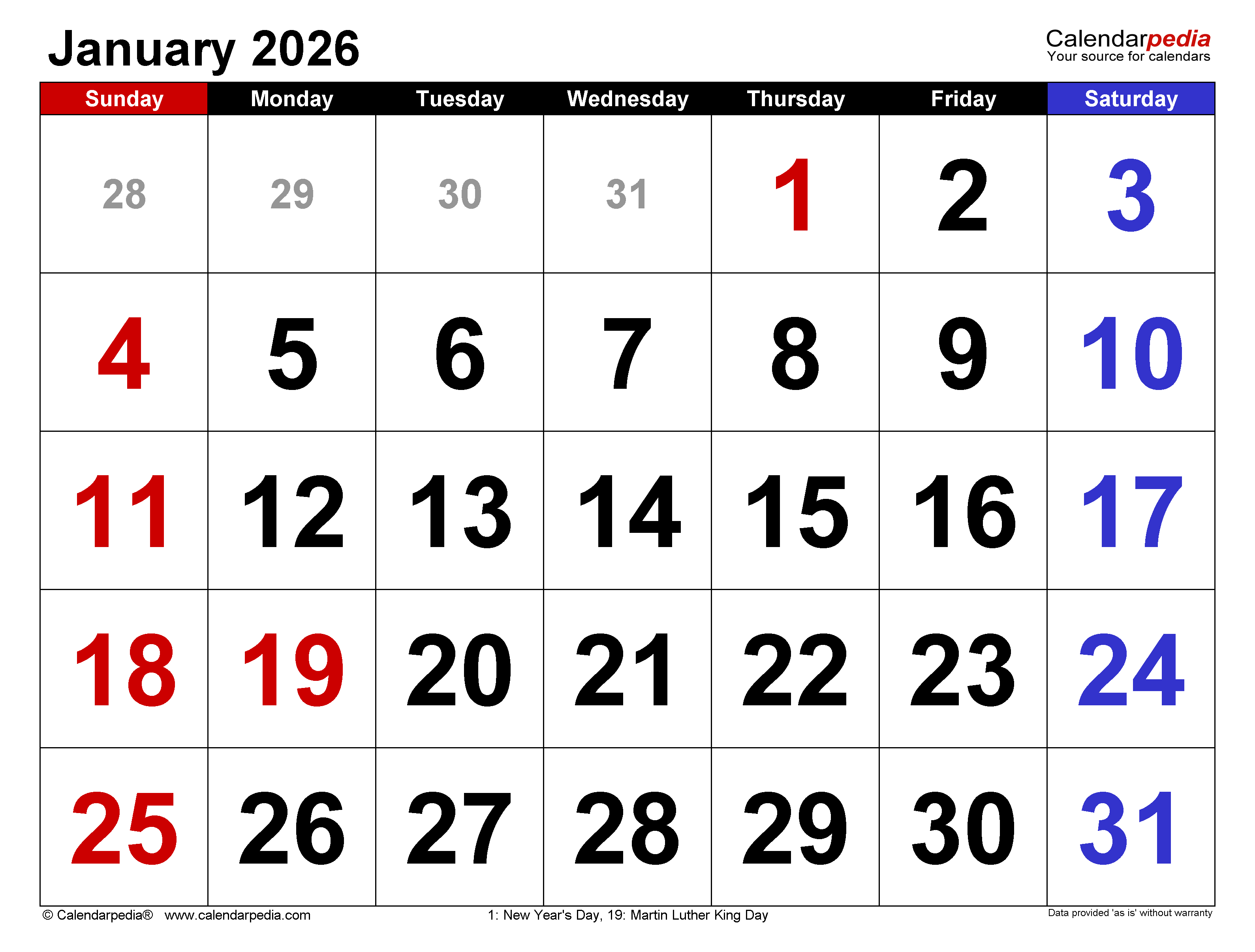 3178x2412 January 2026 Calendar. Templates for PDF, Excel and Word